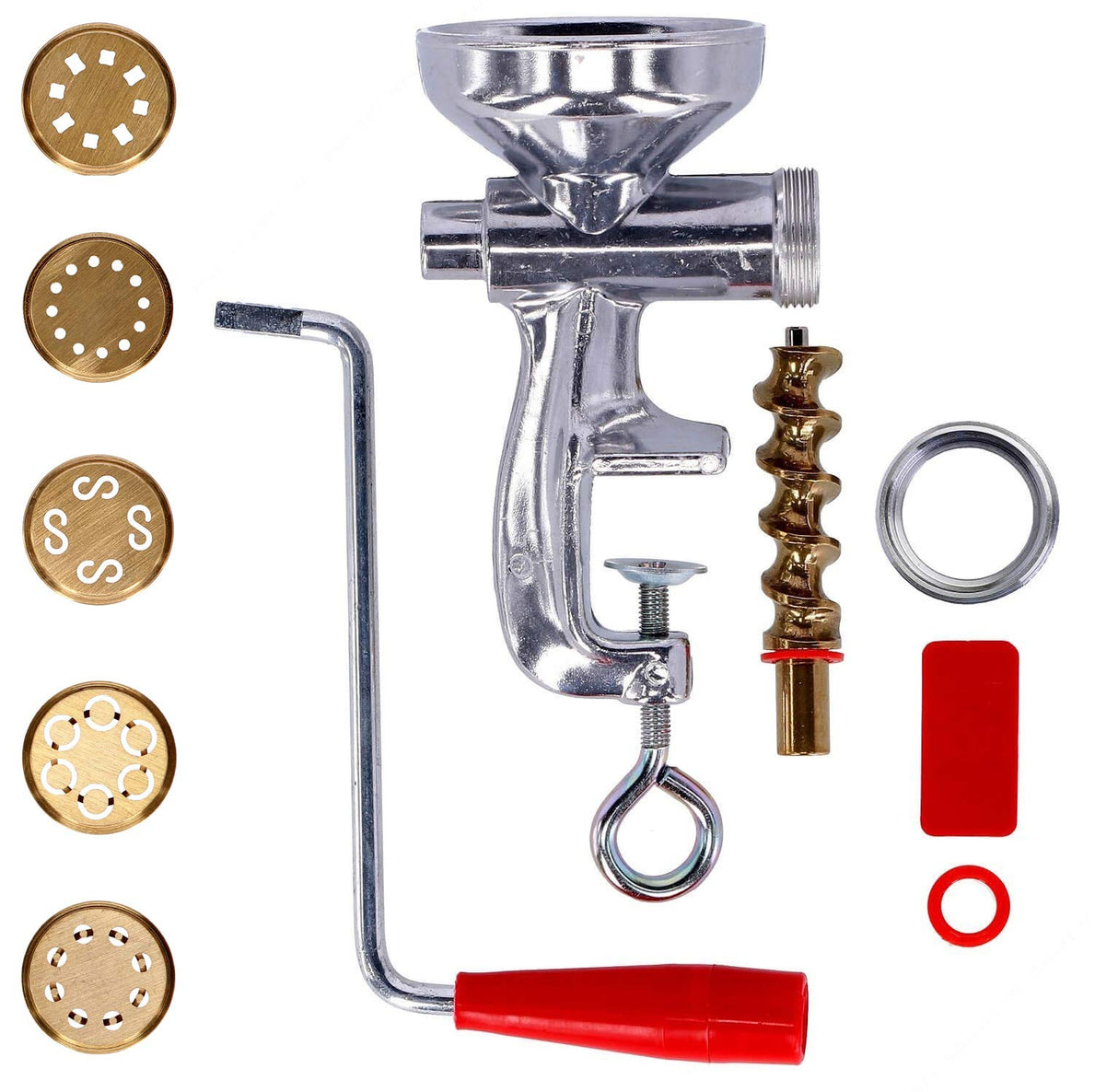 Máquina de Hacer Pasta Fresca con Virola en Aluminium | 5 Trefiladores de latón para Espaguetis, Macarrones, Bucatinis, Caserecces y Espaguetis alla chitarra