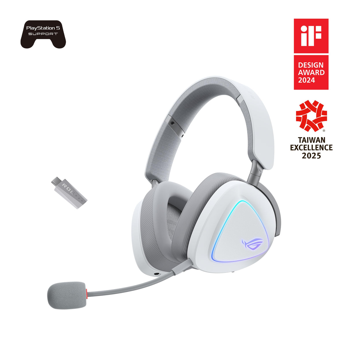 ASUS ROG Delta II Auriculares Gaming inalámbricos, Controladores de 50 mm, ROG SpeedNova, micrófono 10 mm, 153hrs de batería, DualFlow, BT, 2.4GHz, 3.5 mm, PC, Switch, PS4, PS5, Xbox, Blanco Lunar