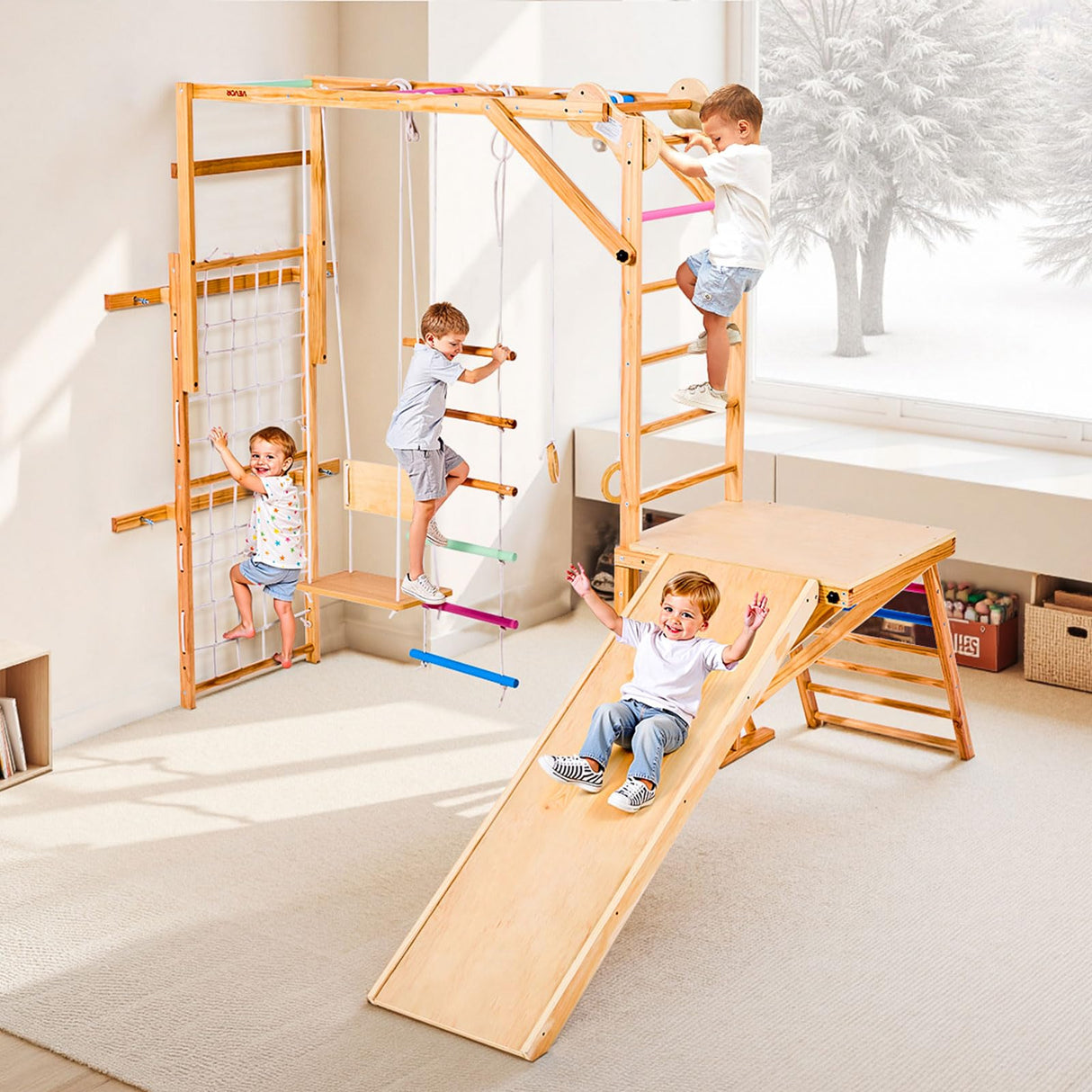 VEVOR 8 en 1 Parque Infantil de Madera para Interior, Carga de 100 kg Juego de Escalada Montessori con Columpio, Barra de Mono, Tobogán, Anillas, Escalera de Madera/Cuerda, Red, Roca, Colorido