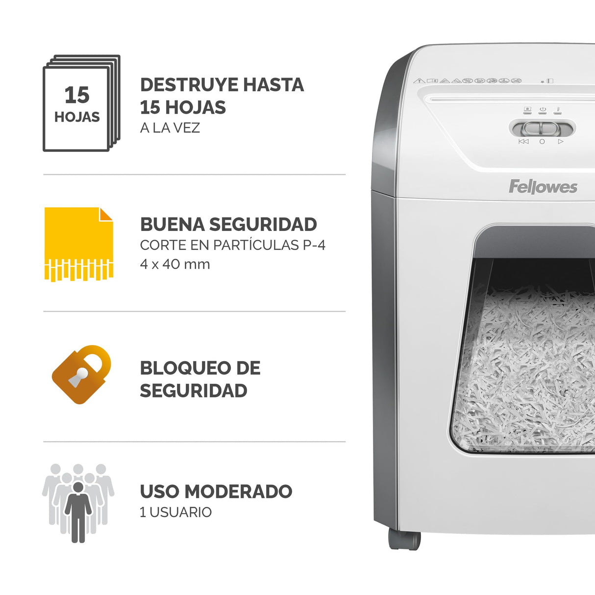 Fellowes Destructora de Papel 15C - Trituradora de Papel, Corte en partículas, destruye hasta 12 Hojas, destructora de Papel Uso Personal, Papelera extraíble de 19L, Nivel de Seguridad DIN-P4, Blanca
