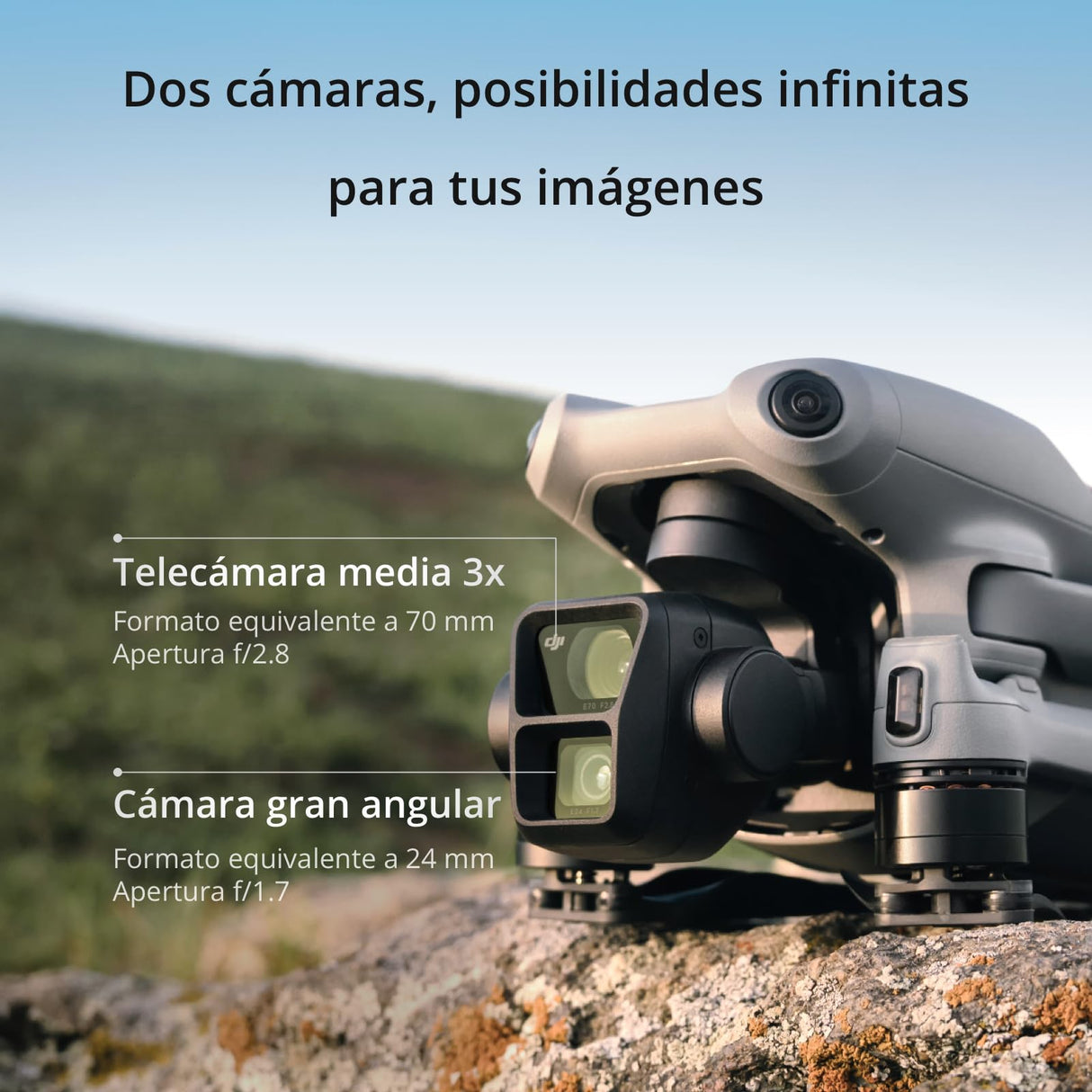 DJI Pack Air 3 Vuela Más con DJI RC 2 (control remoto con pantalla), dron con doble cámara 4K HDR con gran angular y teleobjetivo medio, 46 min de tiempo máx. de vuelo, O4, dos baterías adicionales