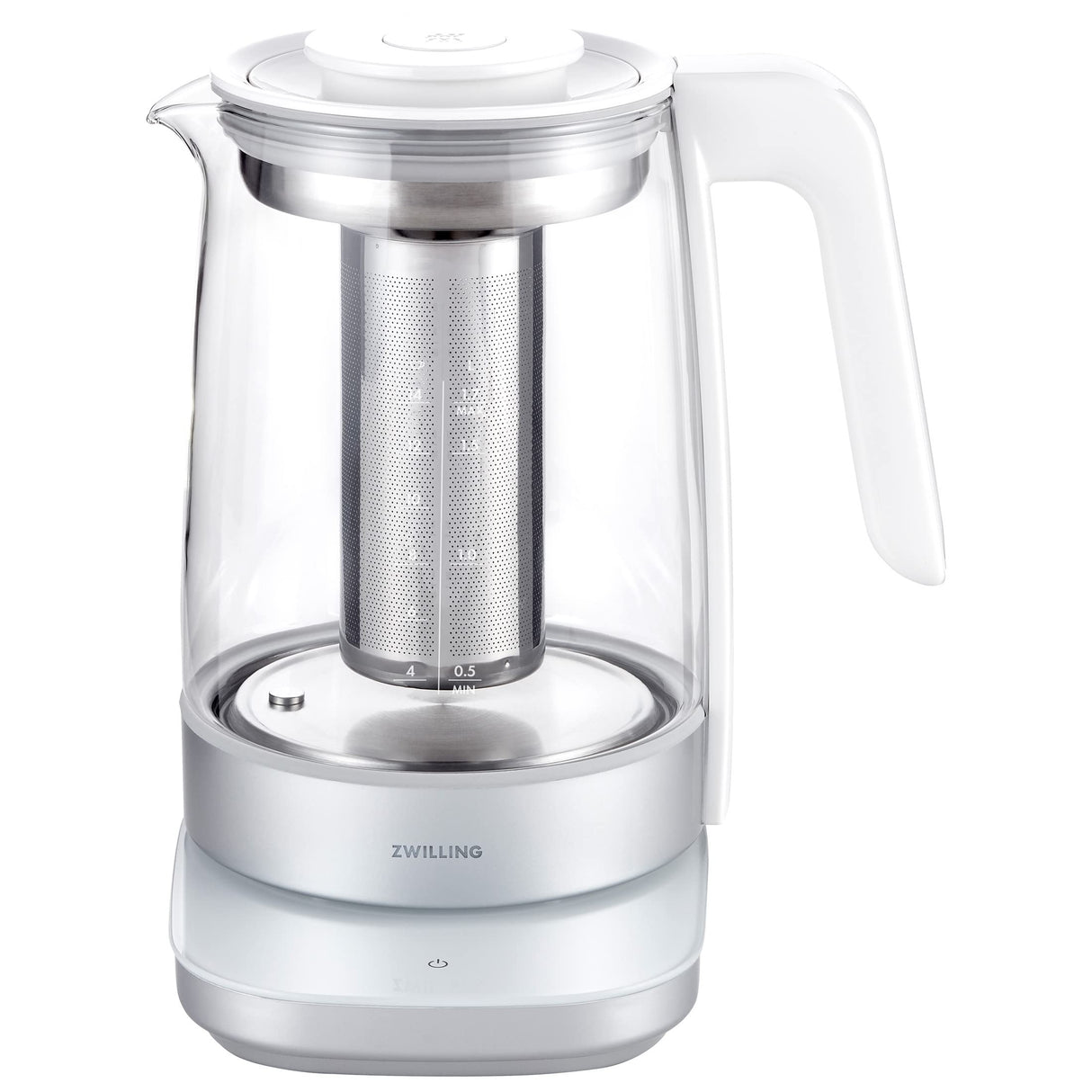 ZWILLING ENFINIGY Hervidor de vidrio con colador de té, Ajuste de temperatura y temporizador de té, 1850 W, 1,7 l, Blanco