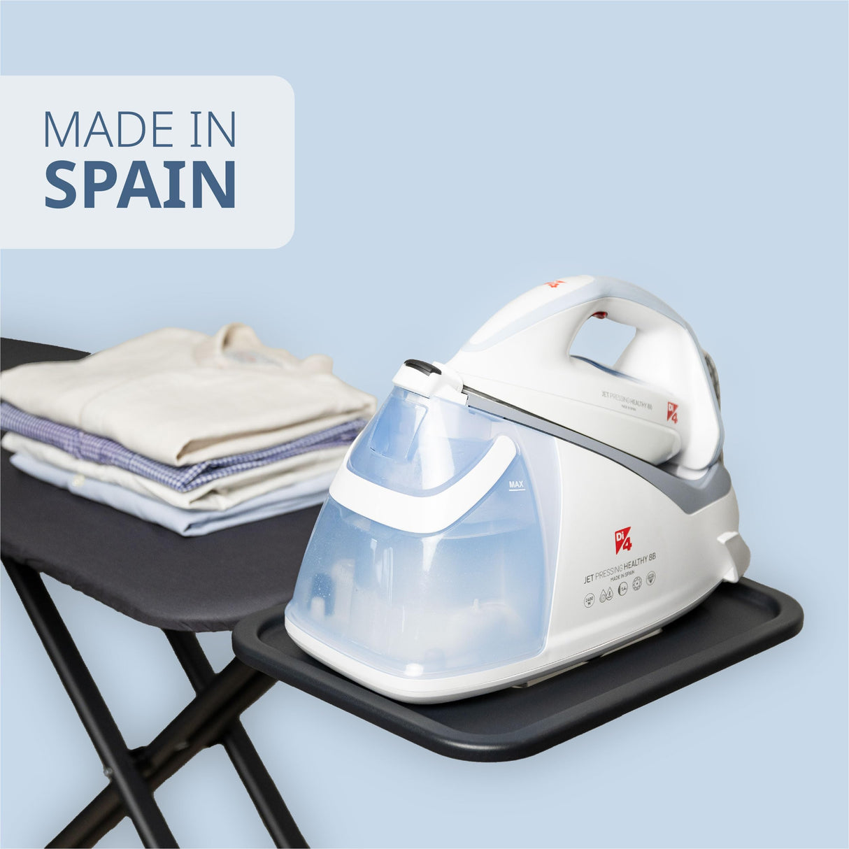 DI4 Centro de Planchado Jet Pressing Healthy 8B, 2600W, Golpe de Vapor 700gr, Vapor Continuo 150gr/min, Elimina 99,99% de Virus y Bacterias, Tecnología SmartCare, Suela 4D PROslide, Blanco