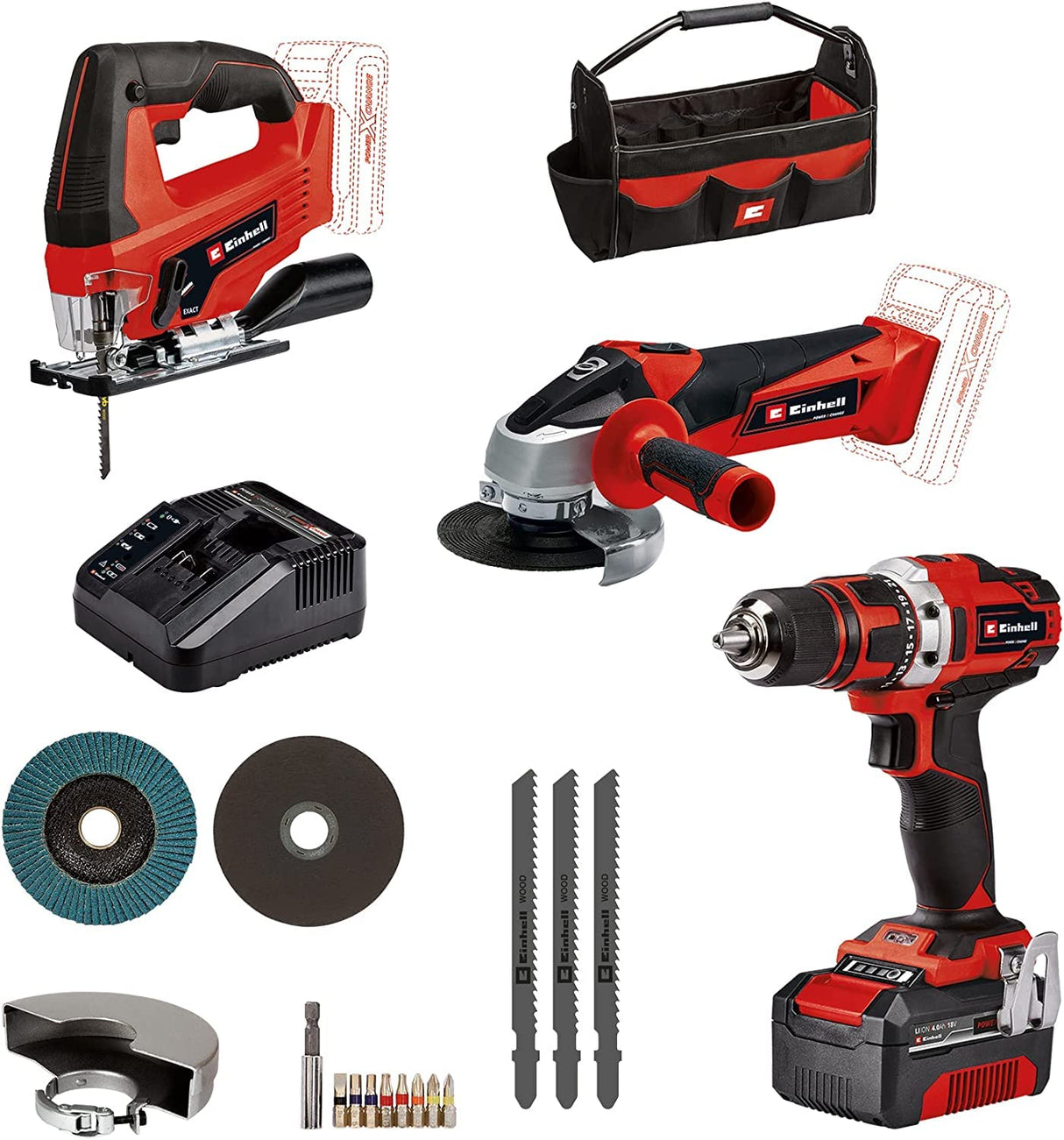 Einhell Taladro con batería TE-CD 18/40 Li + amoladora angular con batería TC-AG 18/115 Li + sierra de calar con batería TC-JS 18 Li Power X-Change (18V, incl. 1 batería de 4,0Ah, cargador, bolsa)