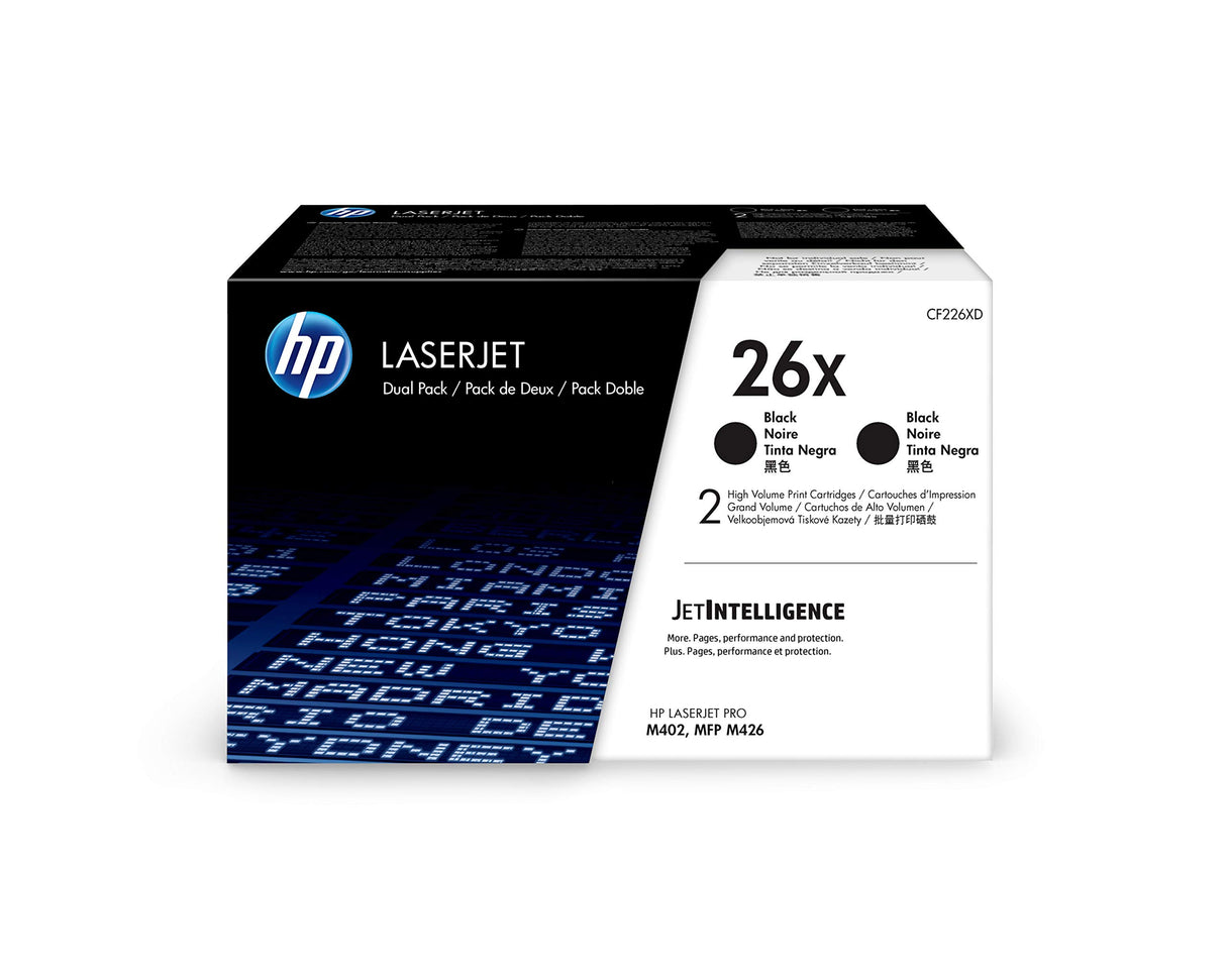 HP 26X CF226XD, Negro, Cartuchos Tóner de Alta Capacidad Originales, Pack de 2, para impresoras HP LaserJet Pro M402dn, M402n, M402d, M426dw, M426fdn, M426fdw, M402dne, M402dw, M402m y M426m