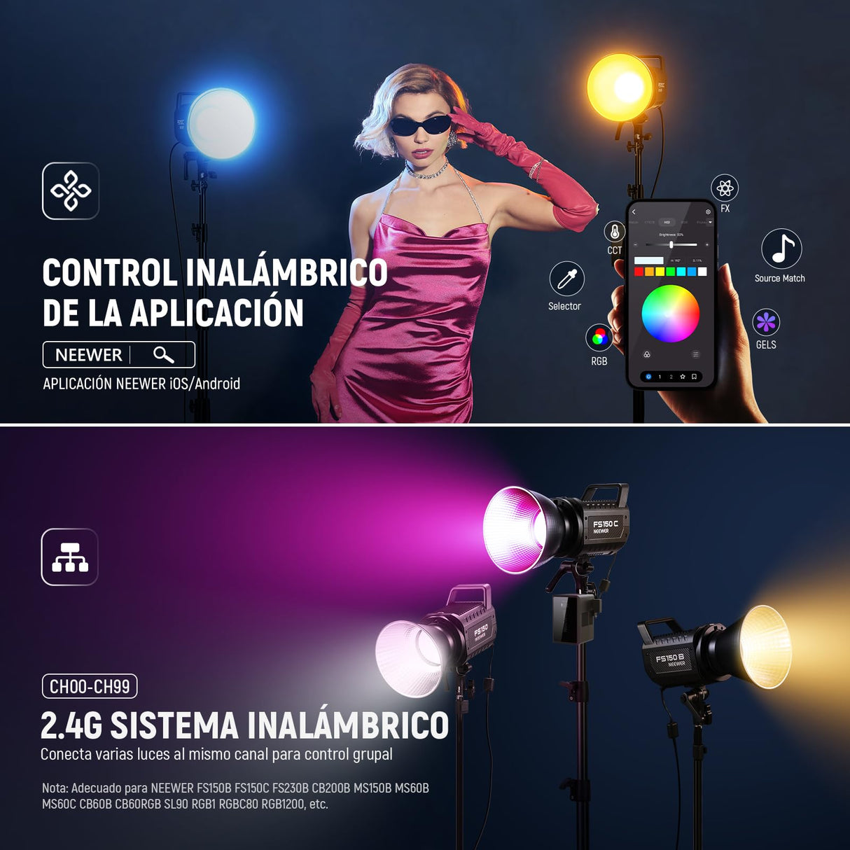 NEEWER 130W RGB LED Video Luz App/2,4G Control 17 Efectos, 2500-7500K 19800lux/1m COB Salida de Iluminación Continua con CRI97/TLCI98 4 Curvas de Atenuación, Foco de Bowens Mount en Estudio, FS150C