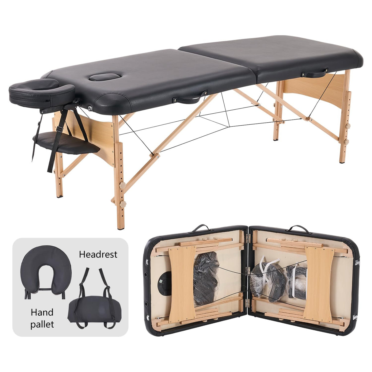 YOUNIKE Camilla Masaje Negro Plegable 2 Zonas Profesional Portátil Carga 250kg 186×70cm Altura Ajustable de Madera Haya para Belleza Tatuaje SPA con Bolsa de Transporte