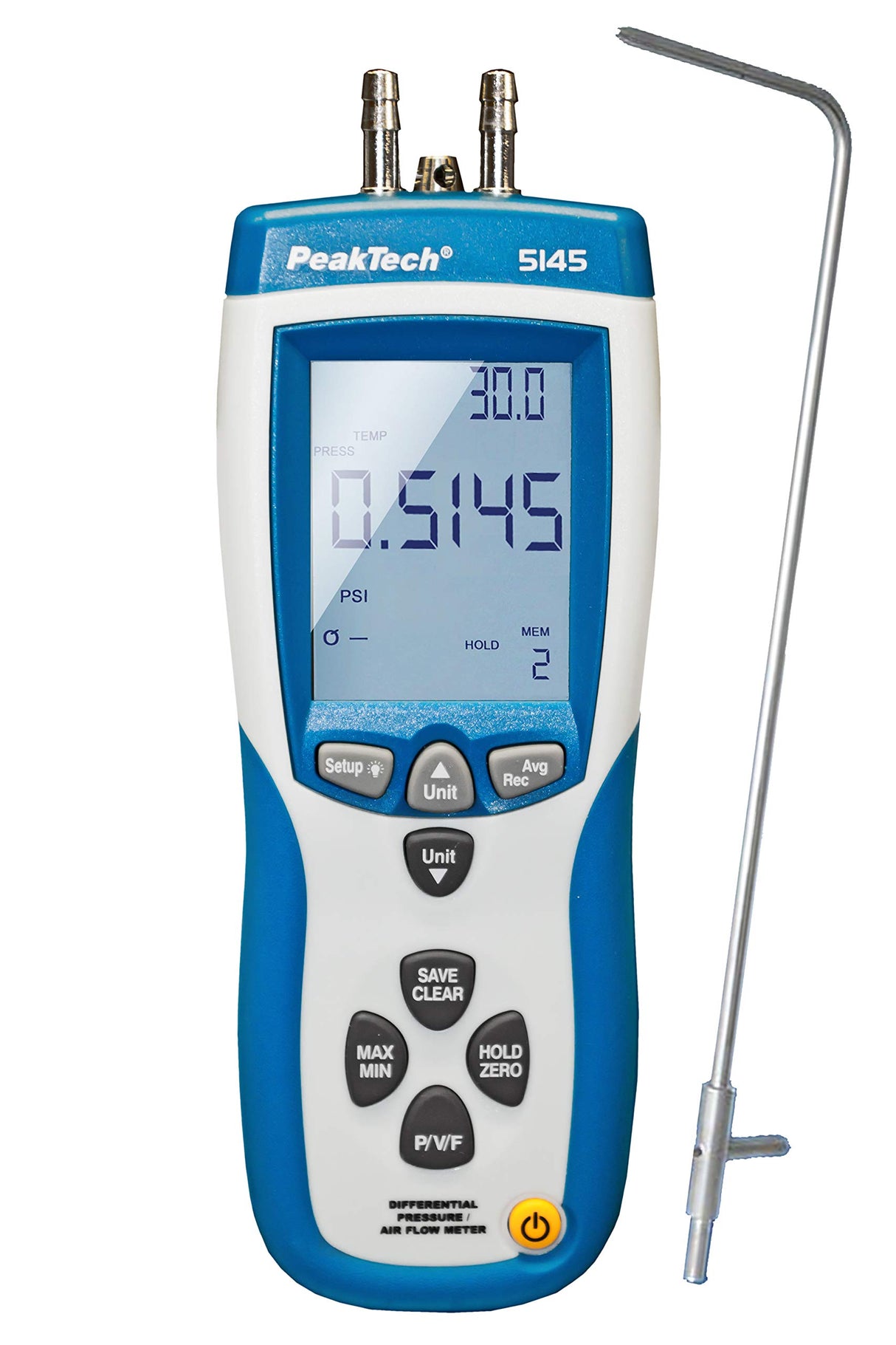 PeakTech, Manómetro de presión diferencial y medidor de velocidad del aire 2 en 1 con tubo de Pitot, manómetro de presión diferencial con USB, masa de aire y temperatura del aire