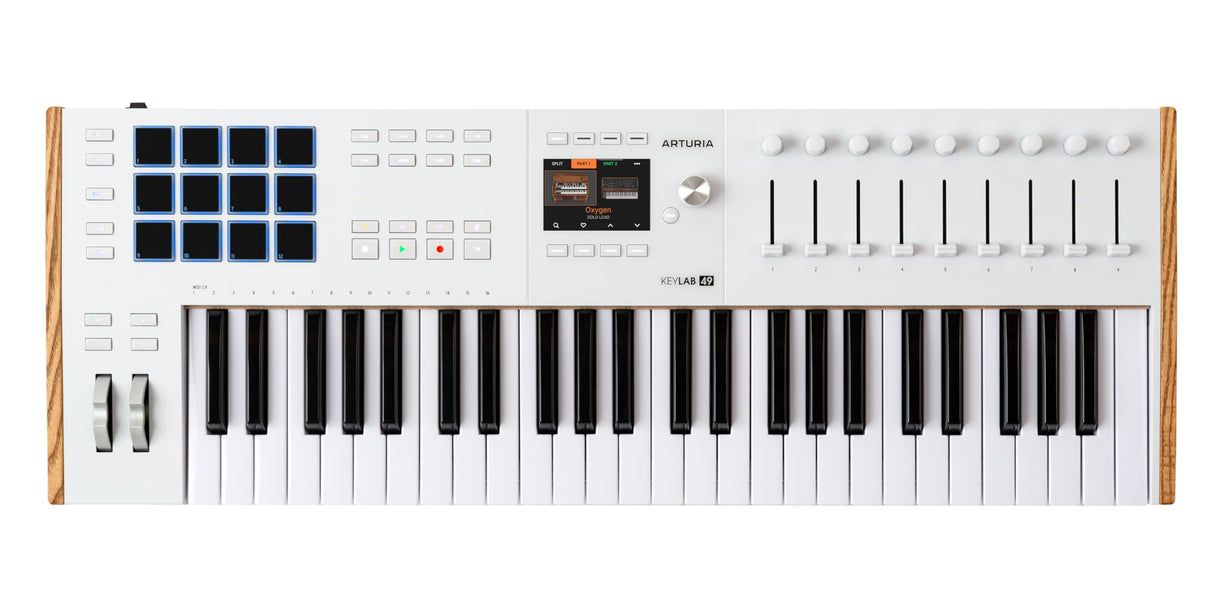 Arturia KeyLab 49 MK3 White, teclado c/controlador MIDI producción, paq. software todo-en-1-49 teclas, 9 codificadores, 9 faders, 1 rueda modulación, 1 rueda inflex. tono, 12 almohadillas - Blanco