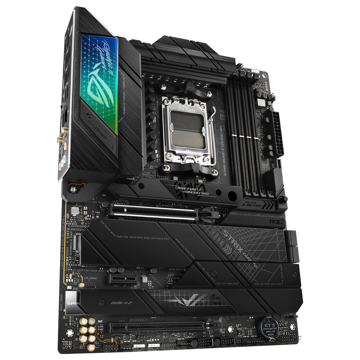 ASUS ROG Strix X670E-F Gaming WiFi - Placa Base ATX (AMD Ryzen AM5, VRM de 16 + 2 Fases, DDR5, 4 Ranuras M.2, USB 3.2 Gen 2 x 2, PCIe 5.0, WiFi 6E, AI Cooling II y Aura Sync)