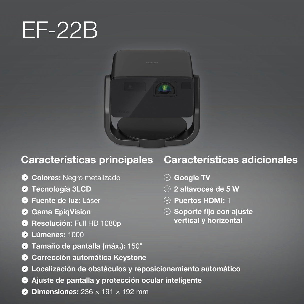 Epson EF-22B Mini Smart Laser Projector | Proyector Portátil Full HD, 1920 x 1080p, Altavoz Bluetooth de 5W, Proyección a Pared, Suelo o Techo, 1000 Lúmenes, Google TV | 150", Negro