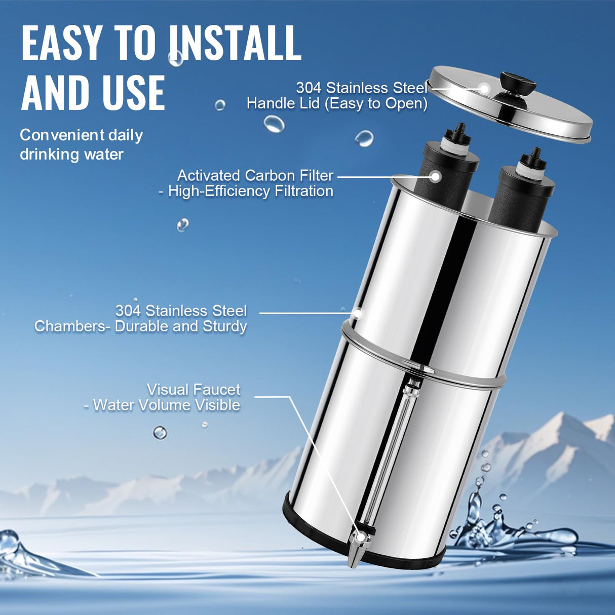 VEVOR Sistema de Filtración de Agua por Gravedad 8,5 L Sistema de Encimera Acero Inoxidable Reduce Plomo y hasta 99% de Cloro con 2 Filtros de Carbón y Grifo Nivel de Agua Visible para Camping