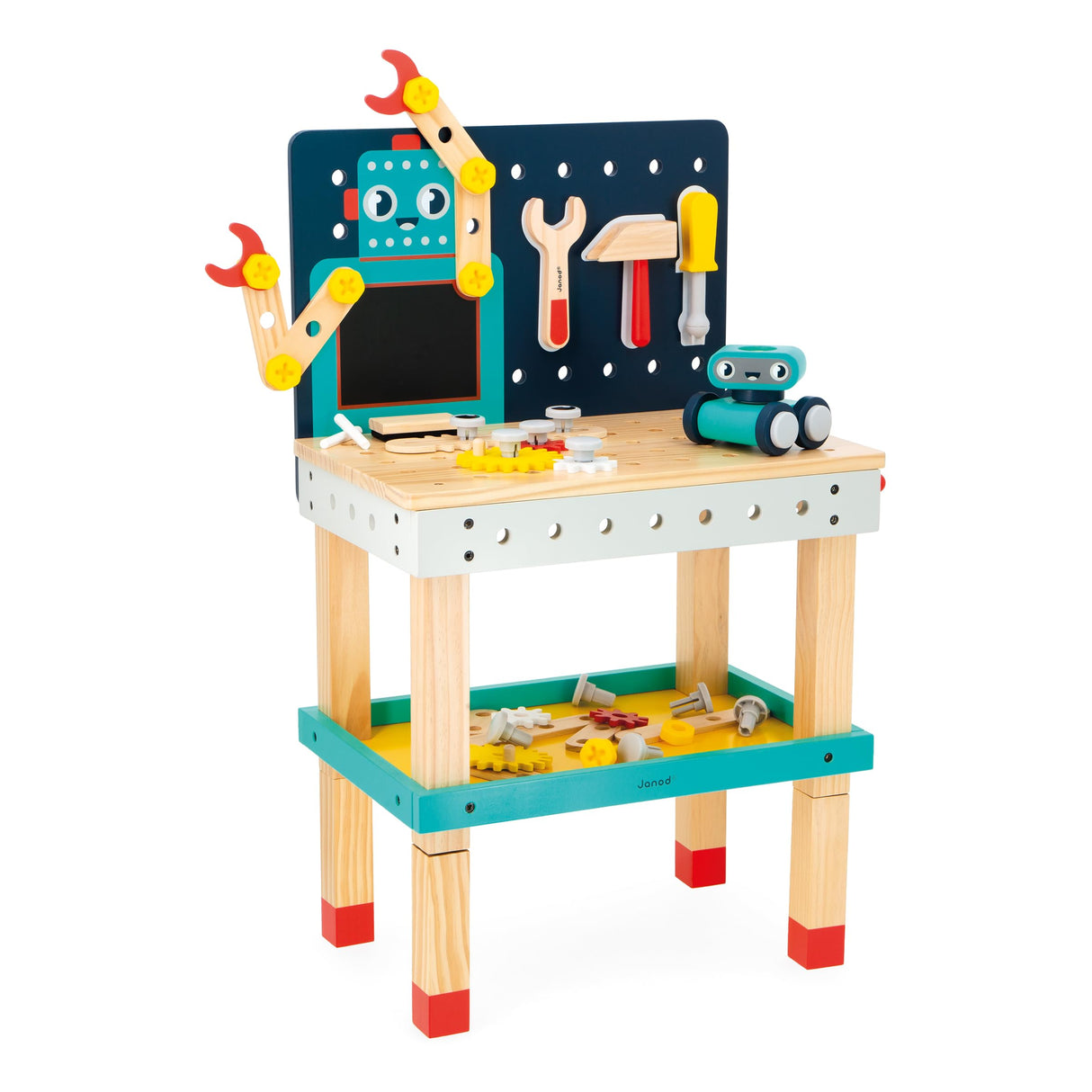 Janod - Mesa Grande Robot Brico'Kids - Juego de Bricolaje Infantil - 51 Accesorios + 3 Herramientas + 1 Robot - Juego de Imitación - Desarrolla la Motricidad Fina - A Partir de 36 Meses, J06457