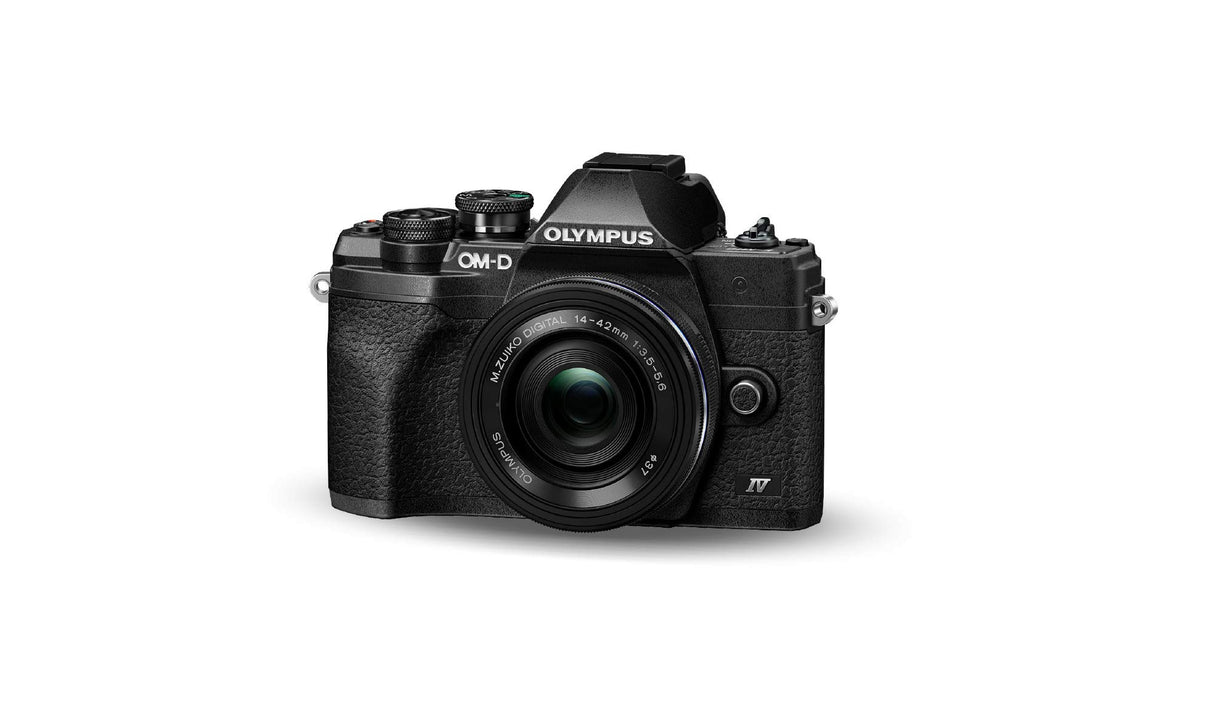Kit de cámara del Sistema Micro Four Thirds Olympus OM-D E-M10 Mark IV, Sensor de 20 Mpx, Visor electrónico, vídeo 4K, Wi-Fi, Negro, Incluye el M.Zuiko Digital ED 14-42mm F3.5-5.6 EZ Pancake Negro