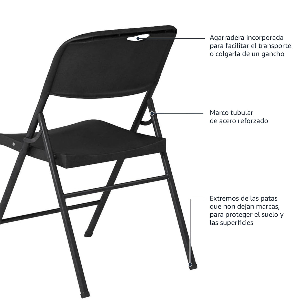 Amazon Basics Juego de 4 sillas plegables de plástico y metal, sillas de camping, sillas de cocina, para interiores y exteriores, color negro, hasta 158 kg