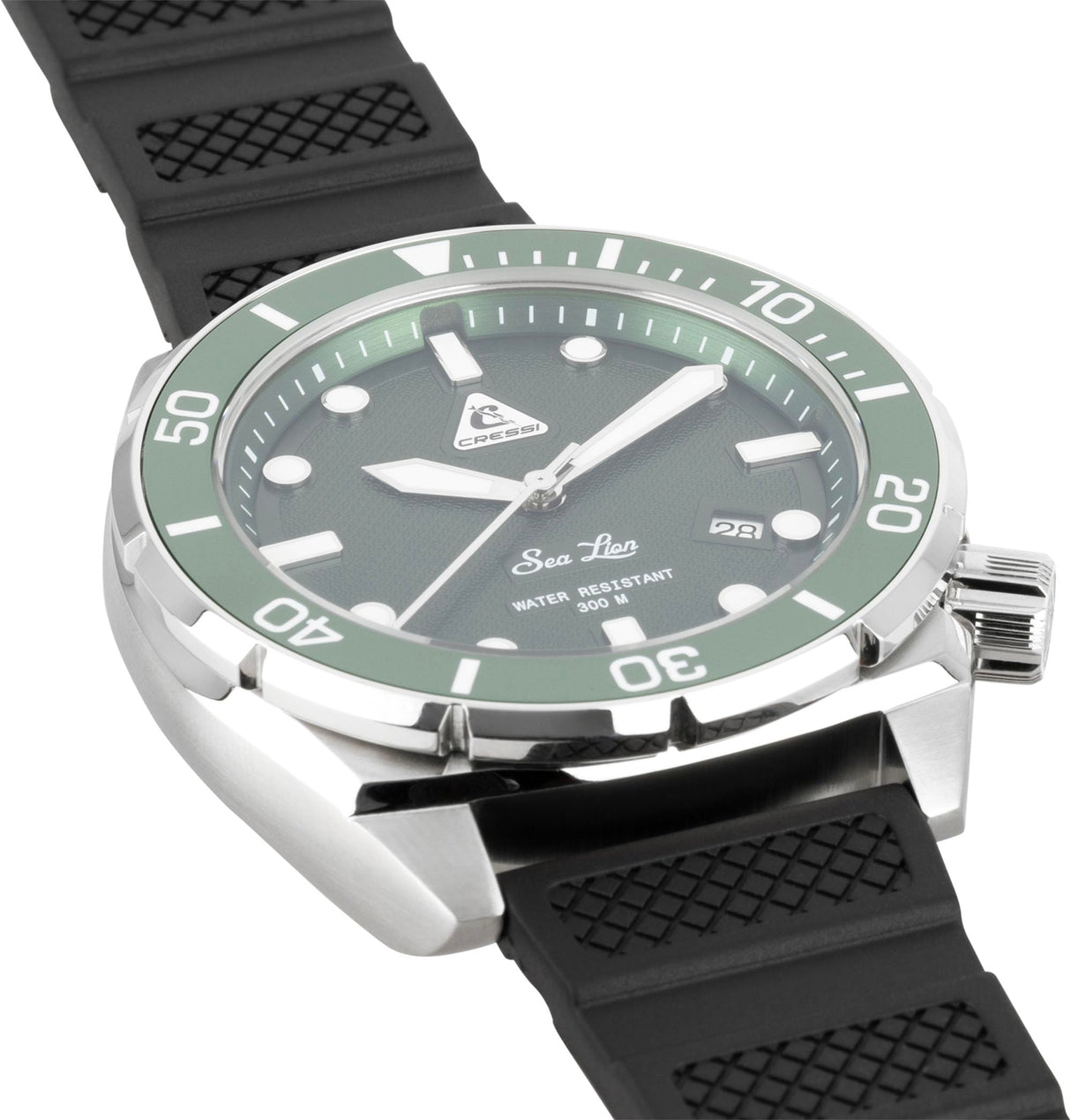 CRESSI Sea Lion Watch Plata/Verde 300m - Reloj de Buceo Profesional Unisex, Paraggi Edición 100% Swiss Made, Estanco hasta 300 Metros