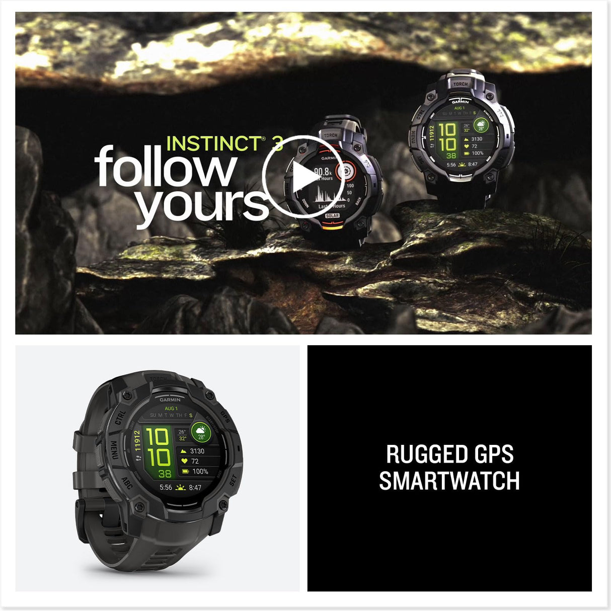 Garmin Instinct 3, Reloj inteligente con GPS, Pantalla AMOLED de 50 mm, Resistente al agua, Aplicaciones deportivas integradas, Monitorización de la salud, Linterna LED, Hasta 24 días autonomía, Negro