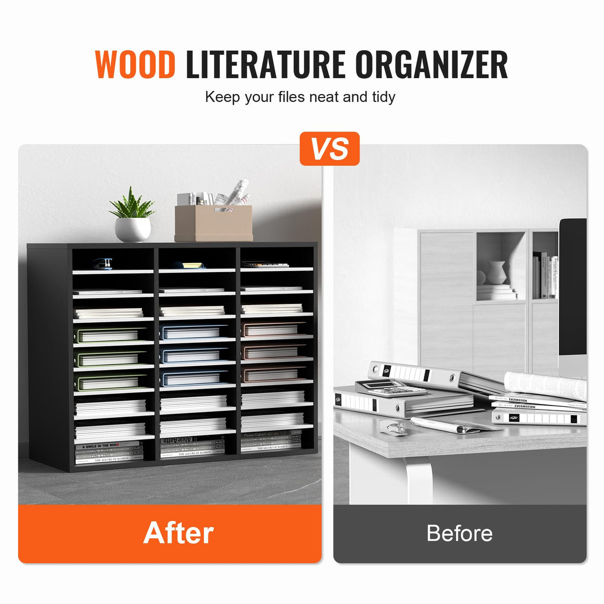 VEVOR Organizador de Literatura de Madera de 27 Ranuras de 800x305x630 mm, Estantes Ajustables de Tablero de Fibra de Densidad Media, Almacenamiento para Archivos, Documentos, Papeles, Negro y Blanco