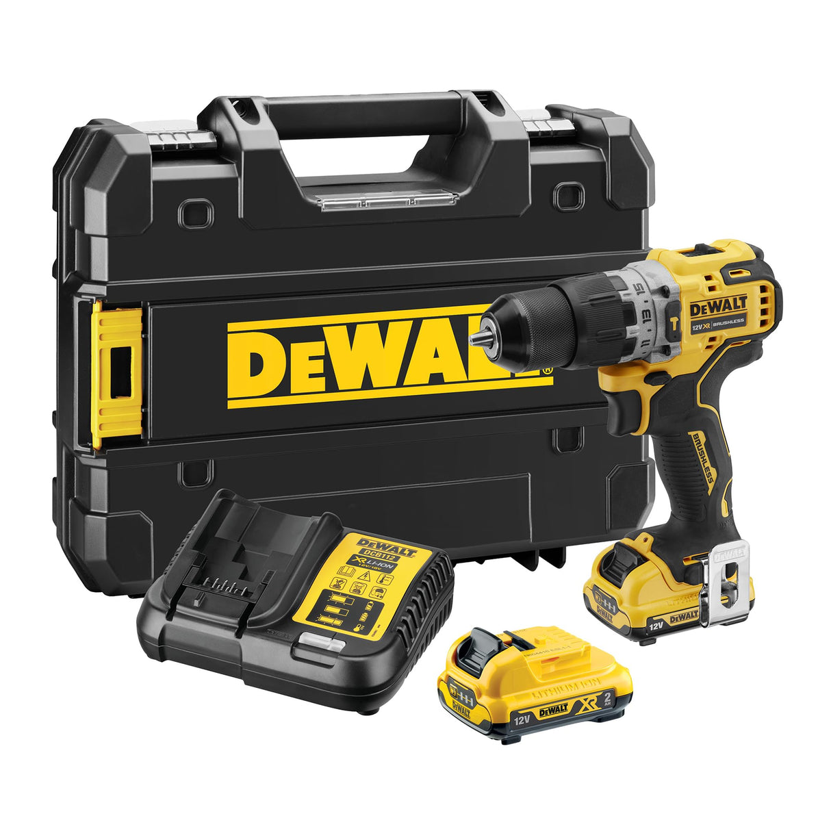 DEWALT Taladro percutor sin escobillas XR 12V con 2 baterías XR Li-Ion de 2Ah y un cargador en caja TSTAK, DCD706D2-QW