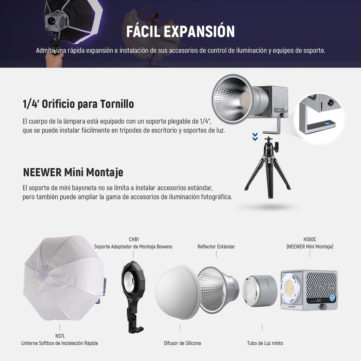 NEEWER 60W Luz Video LED RGB Portátil Luz Relleno de Mano, App/2.4G/Control Panel 18 Escenas 8700Lux/1m 2700-6500K CRI97+ Iluminación Continua COB Regulable para Transmisión Grabación Video, HS60C