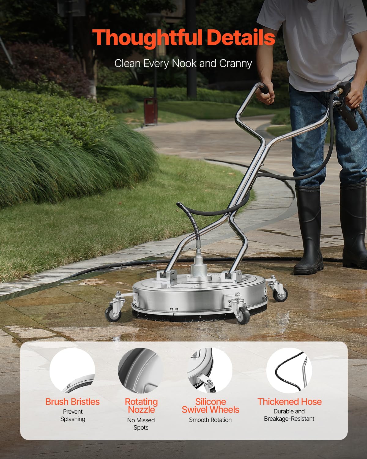 VEVOR Limpiador de Superficies con Hidrolavadora, Acero Inoxidable, 4 Ruedas, Redondo, 27,58 Mpa máx., 2 Boquillas Rociadoras, Mango Doble, para Concreto, Patio, Acera, 520 x 520 x 1500 mm, Plata