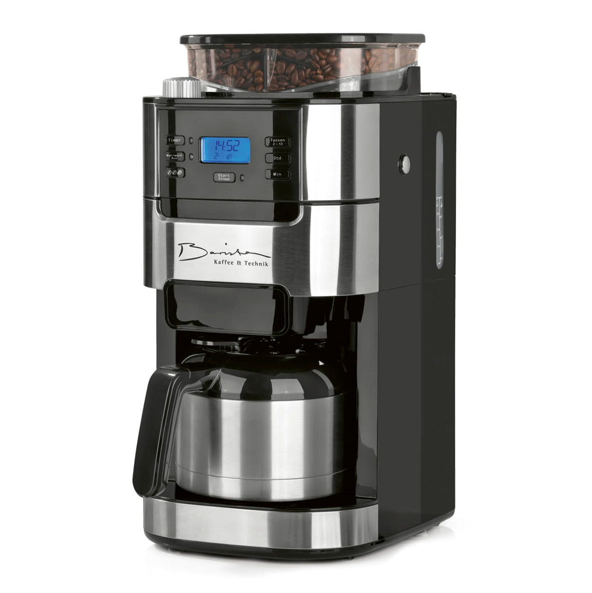 Barista Cafetera de filtro con molinillo con jarra térmica, incluye jarra térmica para hasta 10 tazas grandes de café, para granos de café y café en polvo [acero inoxidable, negro/gris