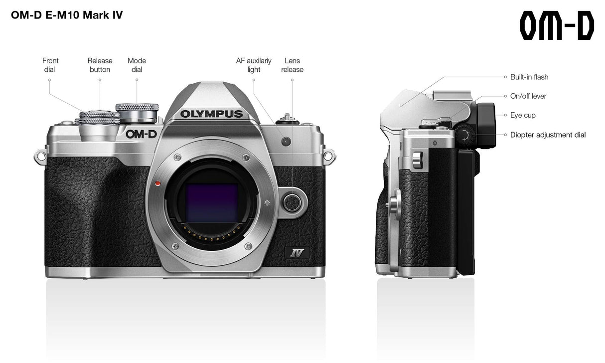 Cámara del Sistema Micro Four Thirds Olympus OM-D E-M10 Mark IV, Sensor de 20 Mpx, estabilizador de Imagen en 5 Ejes, Visor electrónico, vídeo 4K, Potente Enfoque automático, Wi-Fi, Plata