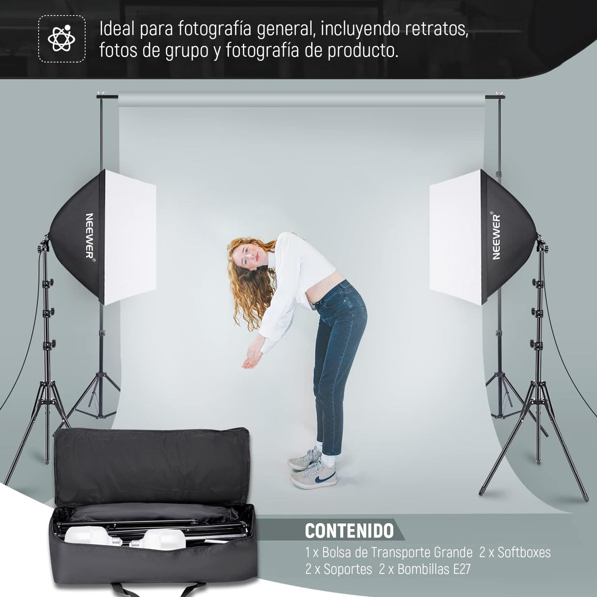 NEEWER Kit de Iluminación Continua de Caja de Luz Equivalente a 700W,2 Bombillas de LED de 5700K,60x60cm Softbox con Enchufe E27 para Equipo de Estudio Fotográfico