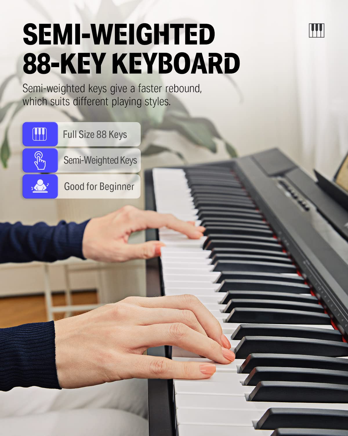 Donner Piano Eléctrico Digital 88 Teclas, Mitad Contrapesadas Teclas, Teclado Musical Adecuado para Principiantes con Soporte de Piano Desmontable y Pedal Triple, DEP-10S, Retro, Negro