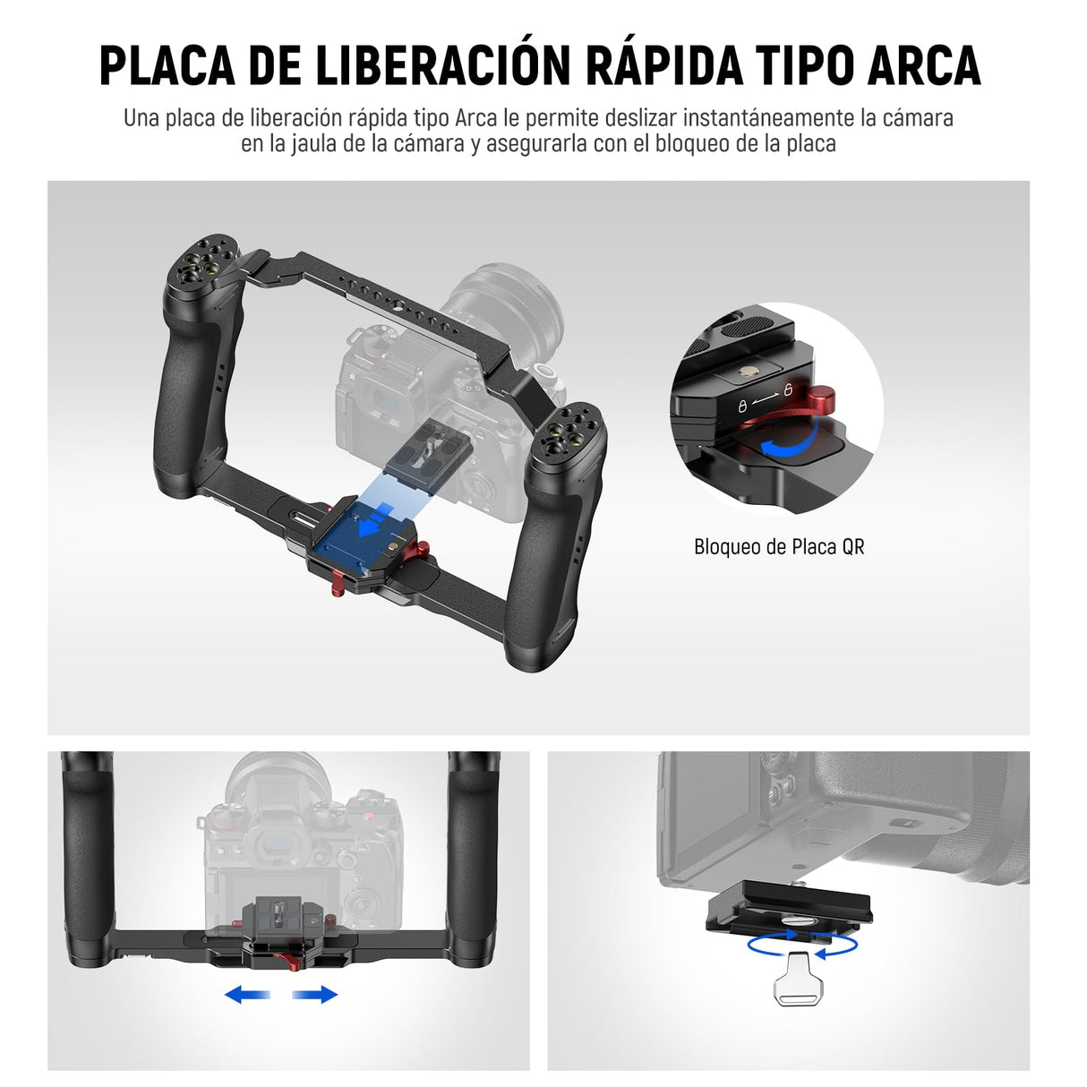 NEEWER Jaula Cámara Video Rig con Placa Liberación Rápida Arca, Empuñadura Dual, Roscas ARRI 3/8" y 1/4", Zapata Fría, Cage Estabilizador Universal Compatible con SmallRig NEEWER Placa Base, CA077