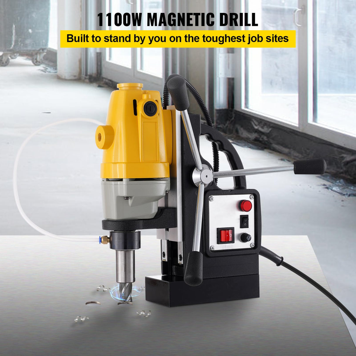 RICHRICH Taladro magnético 1100 W, diámetro de aleta de 1-1/2 pulgadas (40 mm), taladro de columna magnética MD40, 12000 N, 670 rpm, con 6 fresas anulares HSS, sistema de perforación, construcción
