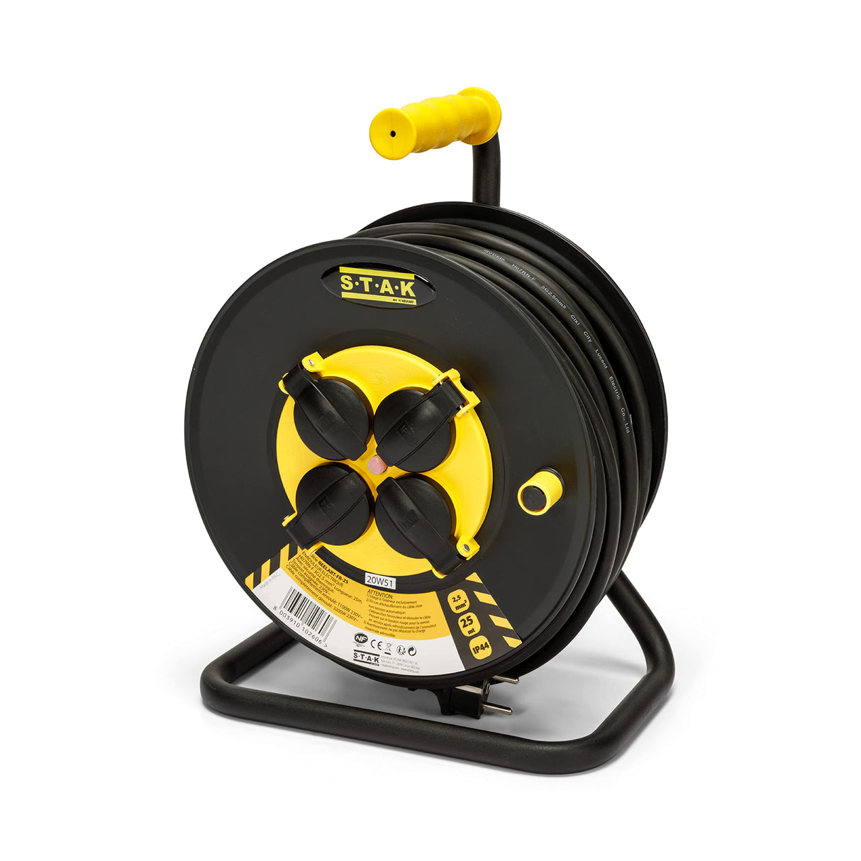 Stak REELART-FR-25 - Enrollador eléctrico profesional, resistente al agua IP44 cable 25 m de goma 3G2,5 mm2 para obras, bricolaje, jardín, 4 enchufes, chasis de acero, color negro