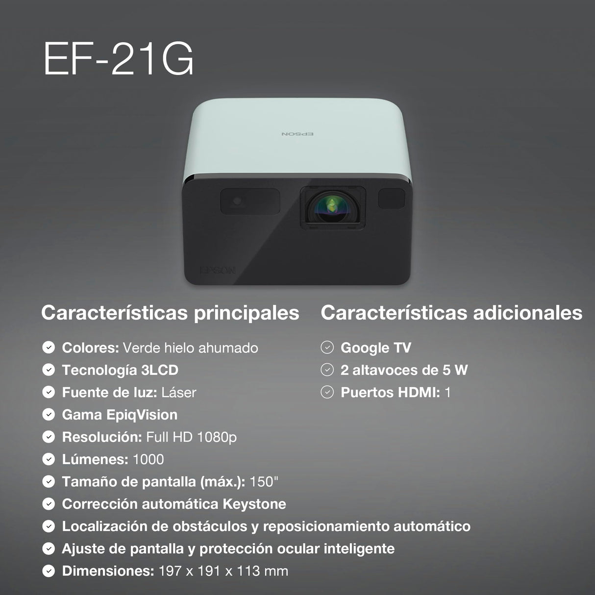 Epson EF-21G Mini Smart Laser Projector | Proyector Portátil Full HD, 1920 x 1080p, Altavoz Bluetooth de 5W, Proyección a Pared, Suelo o Techo, 1000 Lúmenes, Google TV | 150", Verde