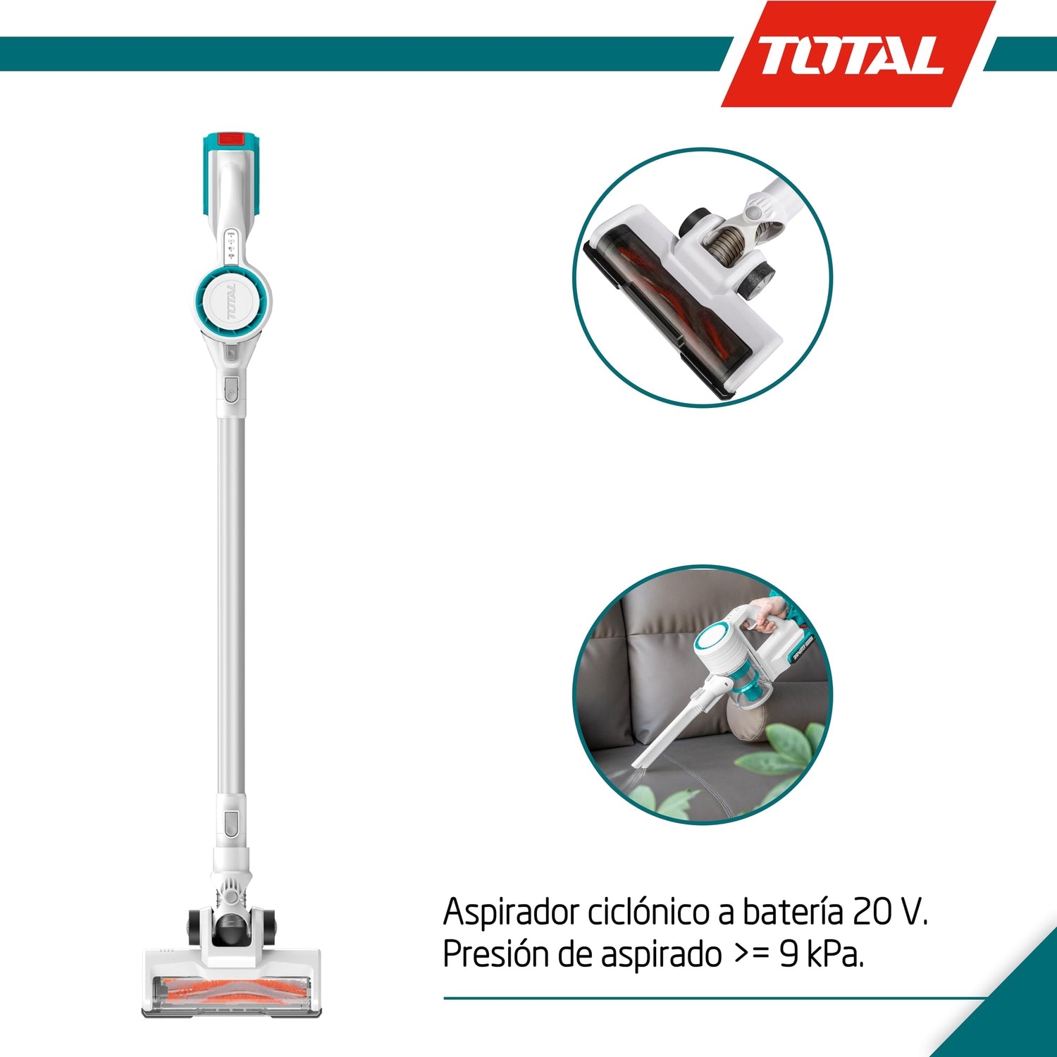 TOTAL - Aspirador Inalámbrico a Batería P20S de 20 V | Aspiradora Tipo Escoba| Depósito de 800 ml | Aspiradora Ciclónica y Vertical sin Bolsa | Filtro HEPA | Incluye 1 Batería de 2 Ah y Cargador