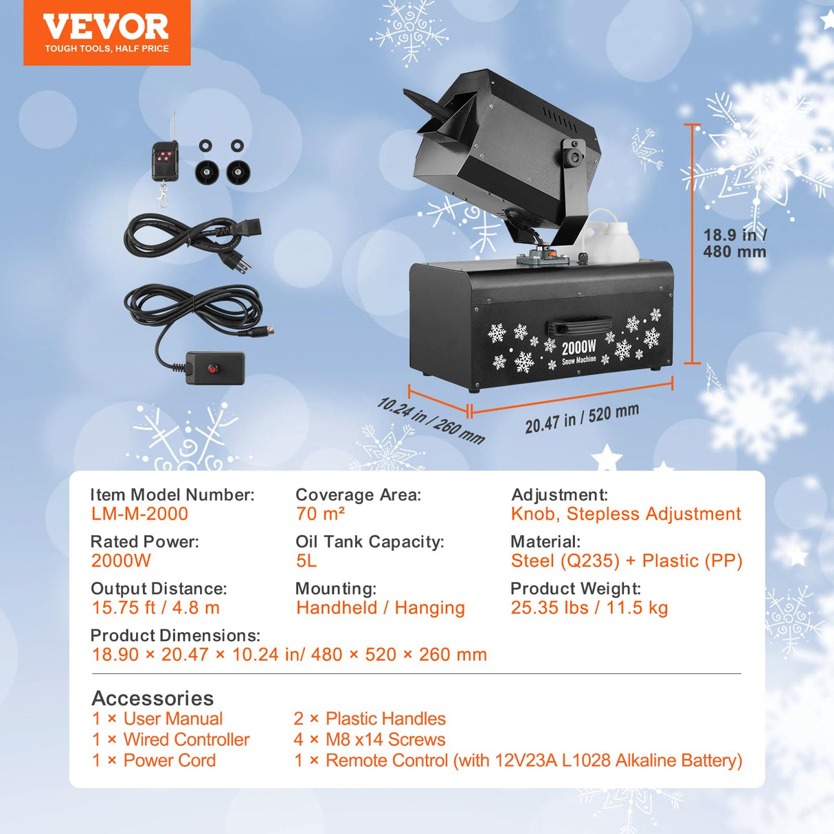 VEVOR 2000 W Máquina de Fabricar Nieve de 450 x 27 x 300 mm Máquina para Hacer Copos de Nieve con Control Remoto Inalámbrico y Cable, Tanque de 5 L para Interiores para Fiestas Navideñas, Bodas