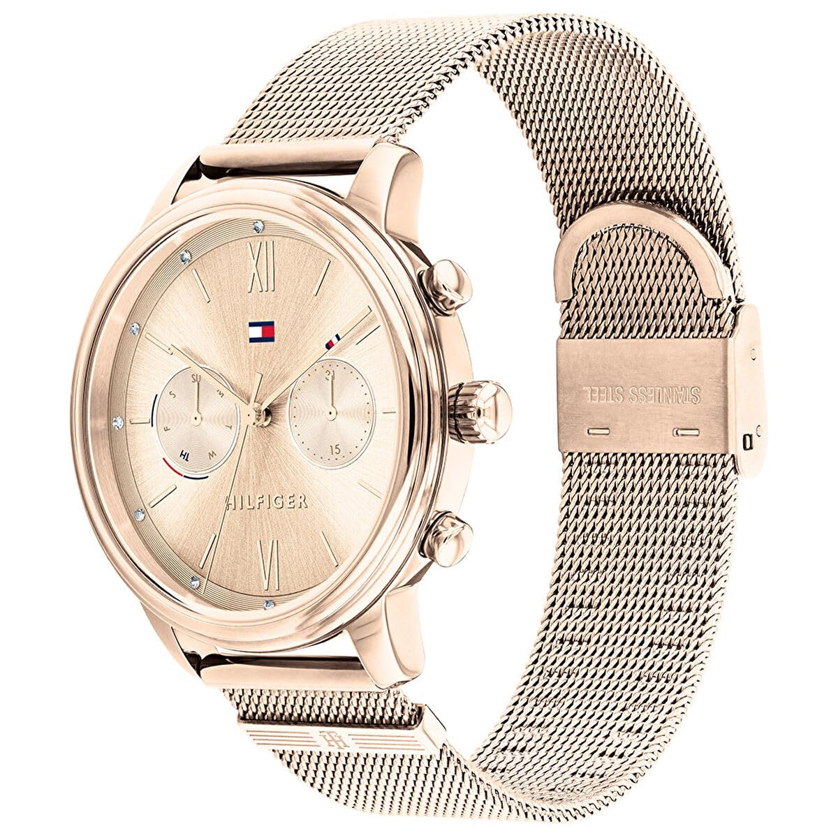 Tommy Hilfiger Reloj Analógico de Cuarzo Multifunción para Mujer con Correa de Malla de Acero Inoxidable de Oro Rosa - 1782303