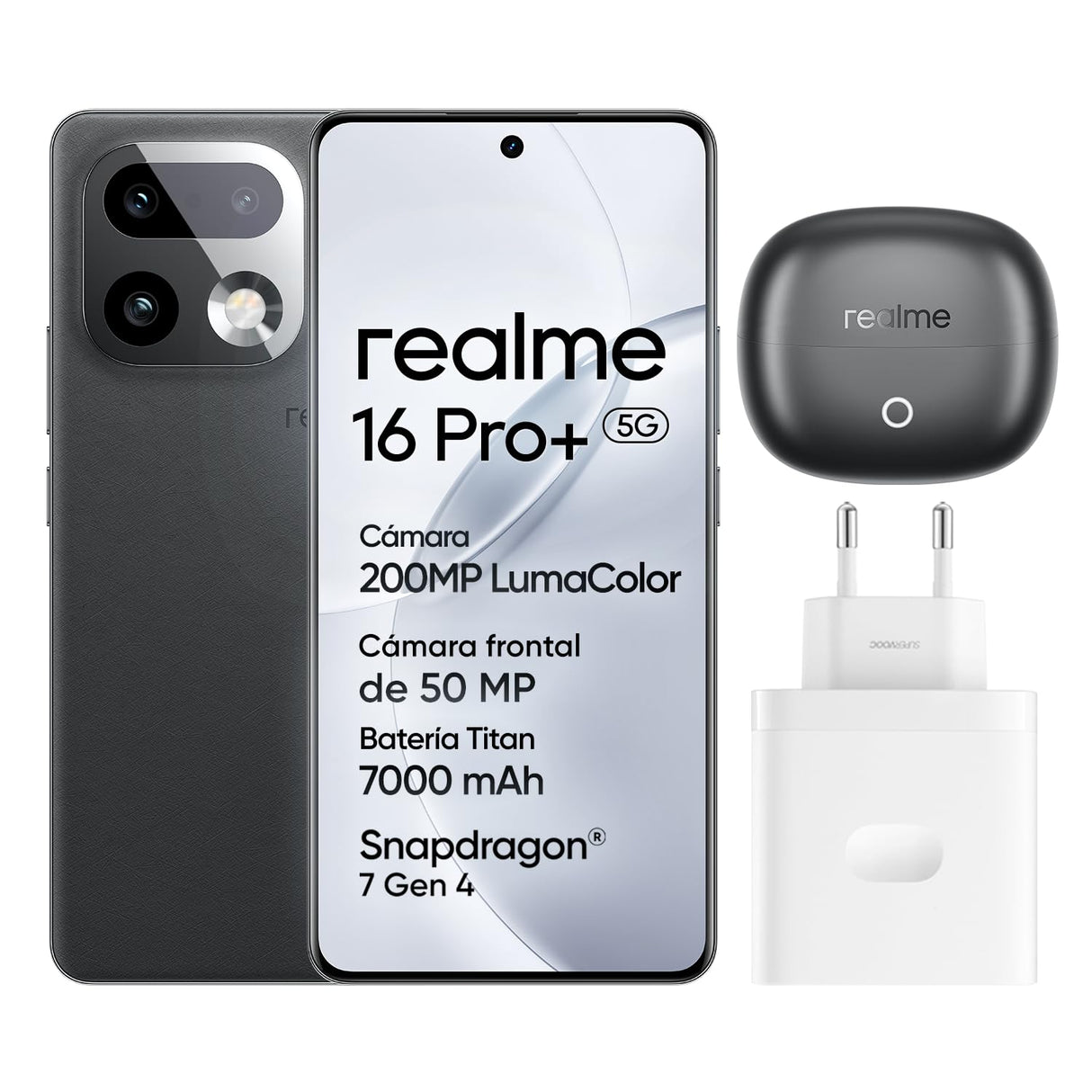 realme 16 Pro+ 5G Smartphone, 8GB+256GB, Pantalla Curva AMOLED 144Hz 6,8", Batería 7000mAh, Cámara 200MP OIS, IP69K, Carga Rápida 80W, Dual SIM, Next AI, Gris (con Adaptador)