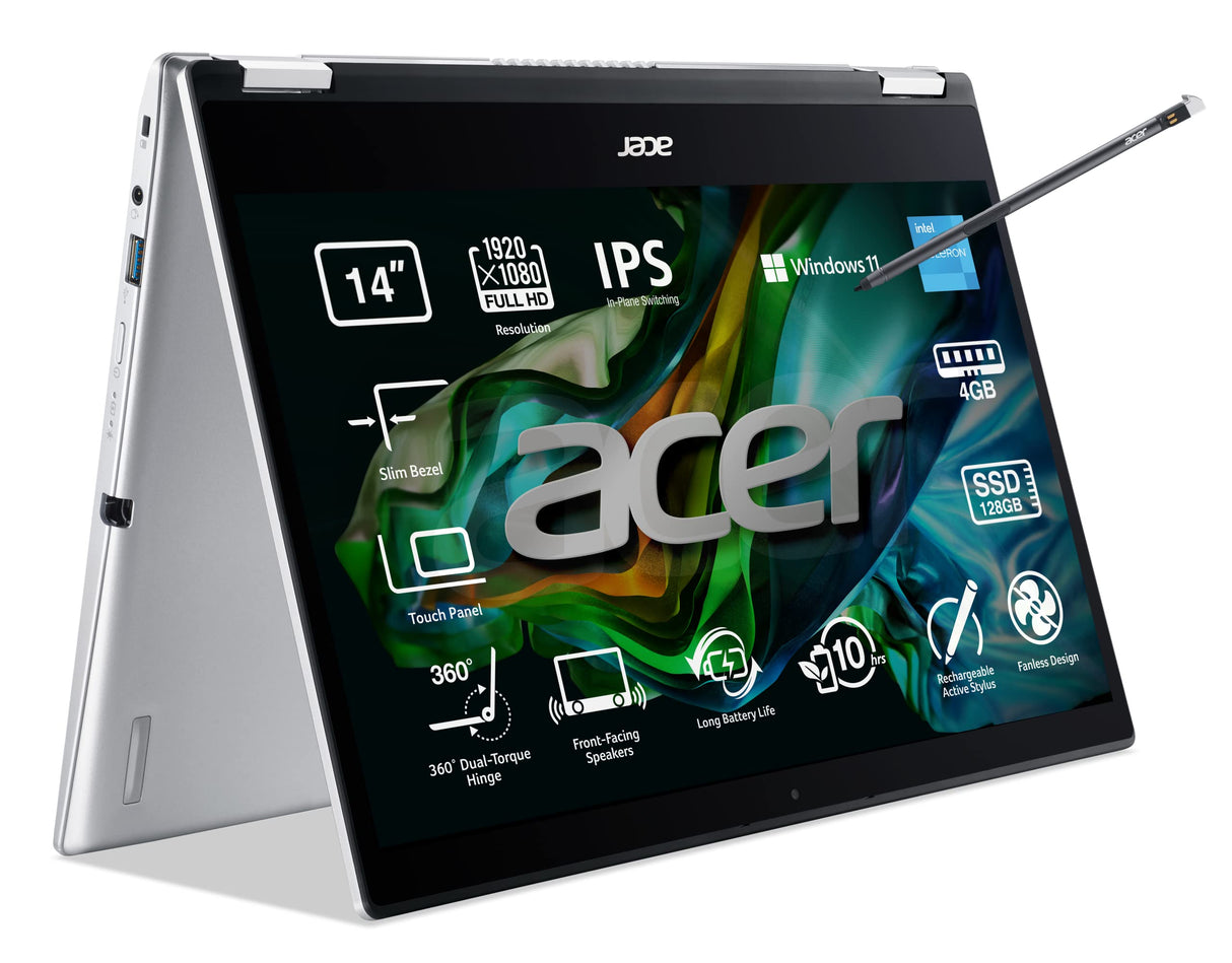 Acer Spin 1 SP114-31N - Ordenador Portátil Táctil 14" Full HD LED IPS(Intel Celeron N5100, 4GB RAM, 128GB SSD, Intel UHD Graphics, Windows 11 Home S, Stylus pen) Silver, Teclado QWERTY Español