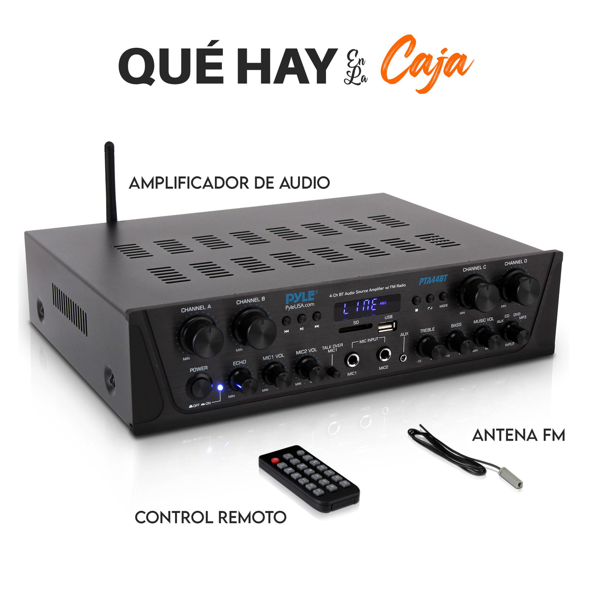 Pyle Amplificador de Audio, Inalambrico, Bluetooth, Estereo, 4 Canales, Entrada de microfono, AUX, Salida del Altavoz del subwoofer RCA, USB, Potencia Maxima de 500W a 4-8 ohmios