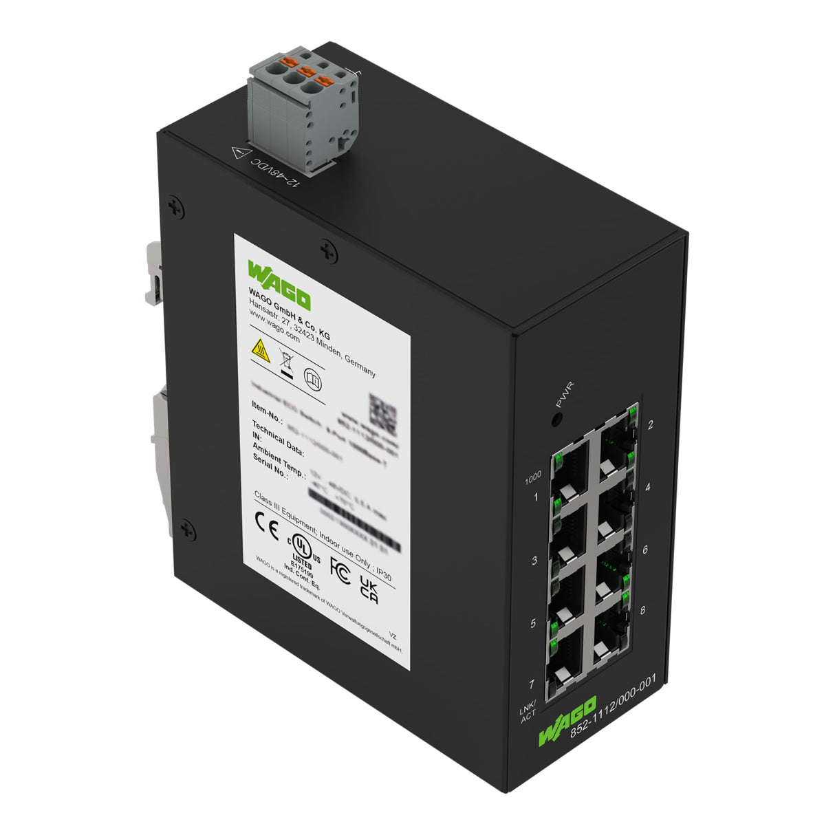 WAGO Interruptor ecológico Industrial 852-1112, con 8 Puertos ETHERNET de 10/100/1000 Mbit/s, LED de diagnóstico de Panel Frontal, soporta hasta 8000 direcciones Mac absolutas