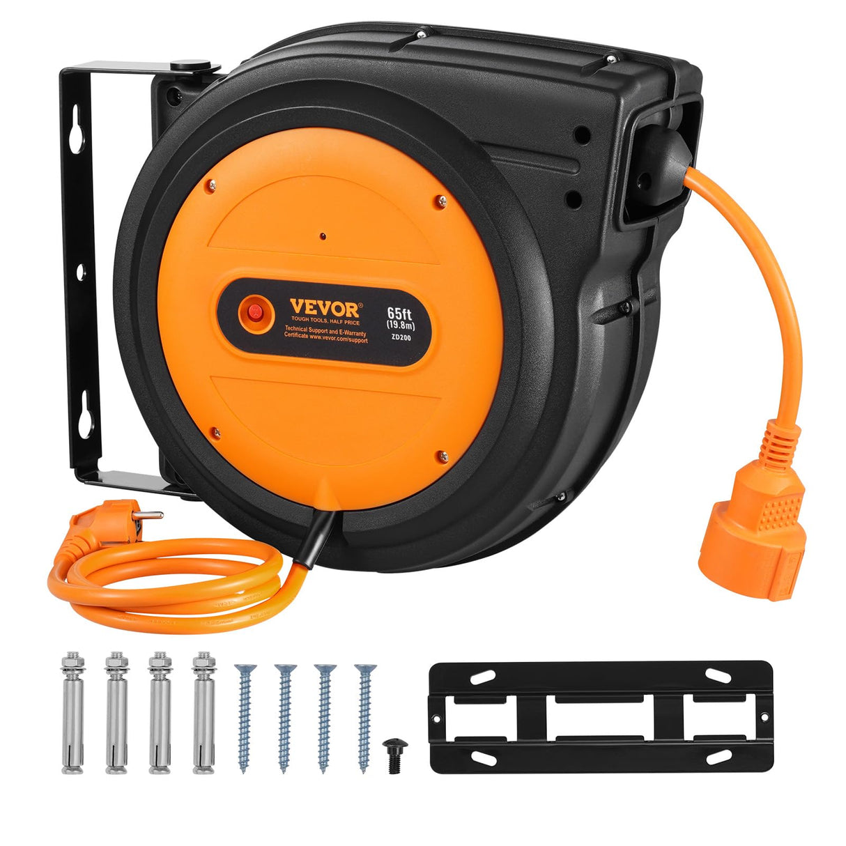 VEVOR Carrete de Cable de Extensión Retráctil 19 m 1600 W con Cable de Alimentación de 1 m Protección contra Sobrecalentamiento Carcasa de PP, Soporte Giratorio de 180° para Montaje en Techo, Pared