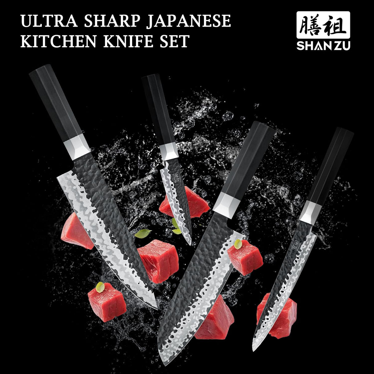 SHAN ZU 7 Piezas Juego de Cuchillos de Cocina con Bloque, Set de Cuchillos Afilados en Acero 9Cr18MOV de 7 Capas, Cuchillo Japonés Forjado a Mano, Bloque de Cuchillo de Chef, Mango G10 - TAKUMI Series