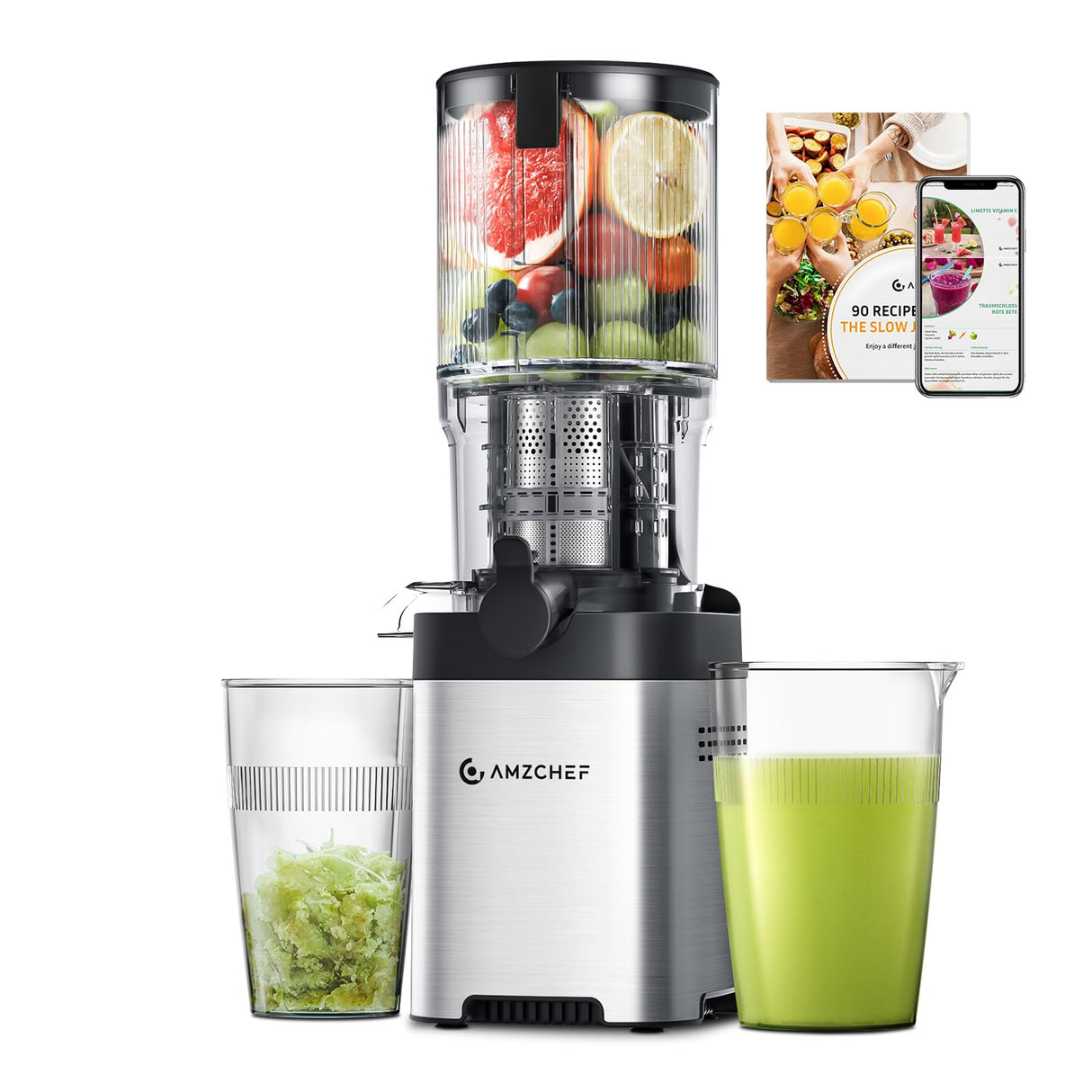 AMZCHEF Extractor De Zumos Y Verduras, Licuadora De 126 MM Para Frutas Y Verduras Enteras, Extractor Acero Inoxidable, Fácil De Limpiar, Sinfín Grande, Colador Doble