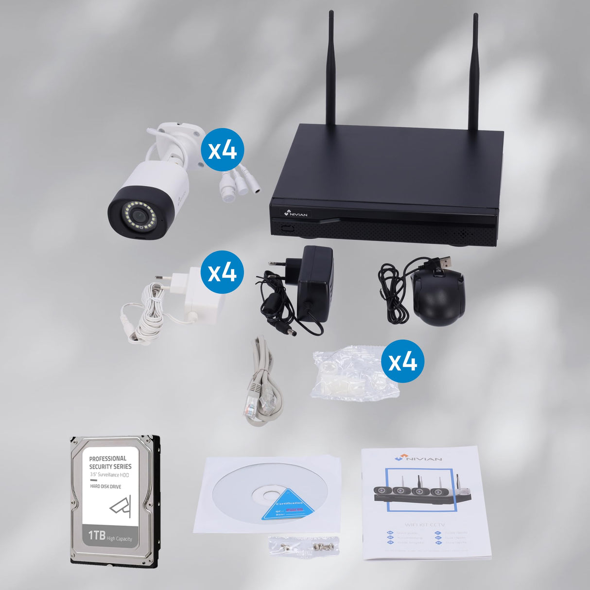 NIVIAN Kit Camaras de Vigilancia Profesional WiFi SuperHD con 4 Cámaras IP y Grabador con Disco Duro 10CH - para Casas y Negocios - Visión Nocturna, Detección Humana IA, Audio Bidireccional