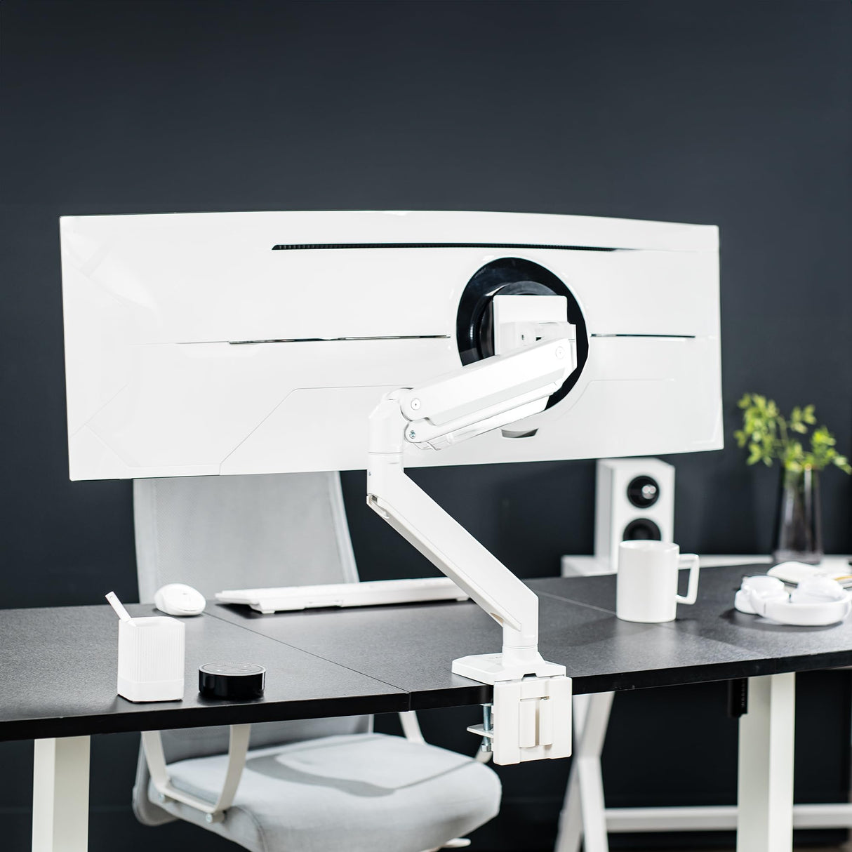 Vivo Brazo de Monitor de Aluminio monitores ultraanchos de hasta 49 Pulgadas y 33 Libras, Soporte de Montaje de Escritorio único, Altura neumática, VESA máxima 100 x 100, Blanco,