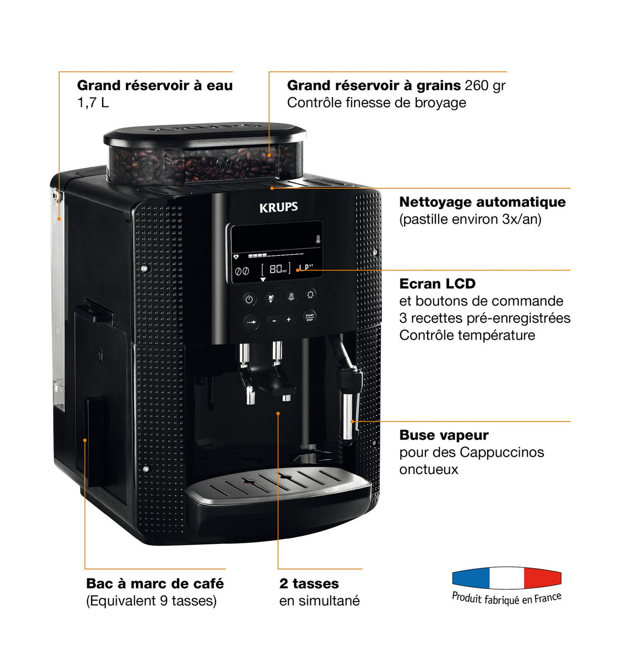 Krups Máquina de café Essential, molinillo de granos, cafetera espresso, pantalla LCD, limpieza automática, boquilla de vapor para capuchino negro YY8135FD