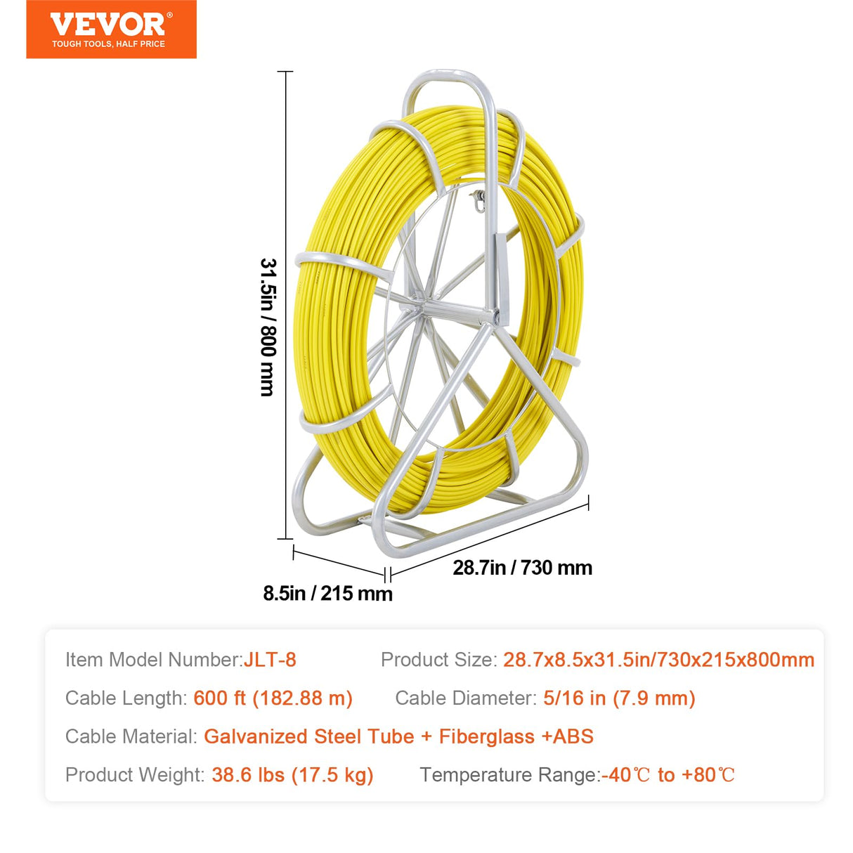 VEVOR Cinta para pescar de fibra de vidrio, 182,9 m, 8 mm, extractor de alambre para cinta de pescar, varilla para correr cables con soporte de carrete de acero, 3 cabezales de tracción