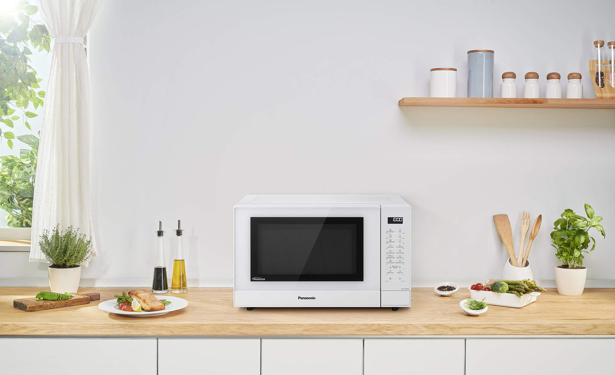 Panasonic NN-GT45KWSUG Horno Microondas con Grill y Plato Giratorio de Vidrio, 31L, 1000W, Inverter, 24 Programas Auto, Descongelación Turbo, 7 Niveles de Potencia, Temporizador, Pantalla LED, Blanco