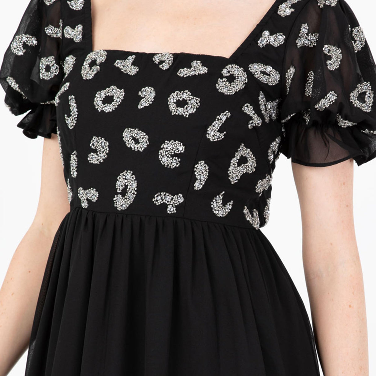 Lovedrobe Women's Midaxi Dress Ladies Animal Sequin Embellished Short Puff Sleeve Square Neck A-Line for Evening Party Cocktail Vestido, Black, 40 para Mujer