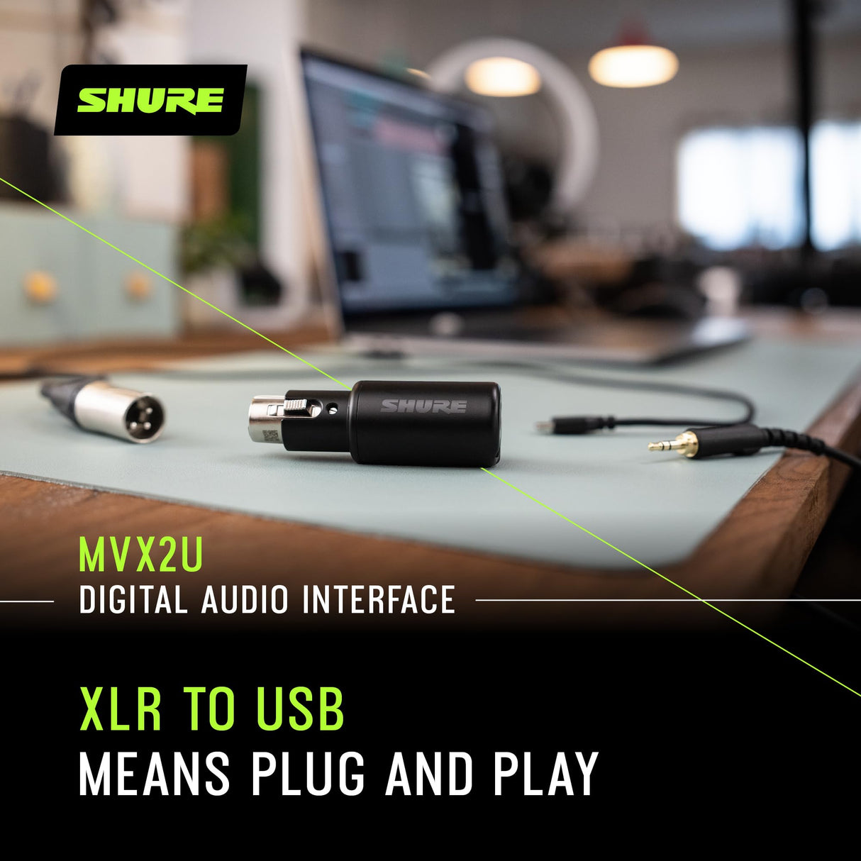 Interfaz digital Shure MVX2U XLR a USB con conector para auriculares, preamplificador integrado con control de ganancia de 60dB, monitorización sin latencia, alimentación fantasma de 48V